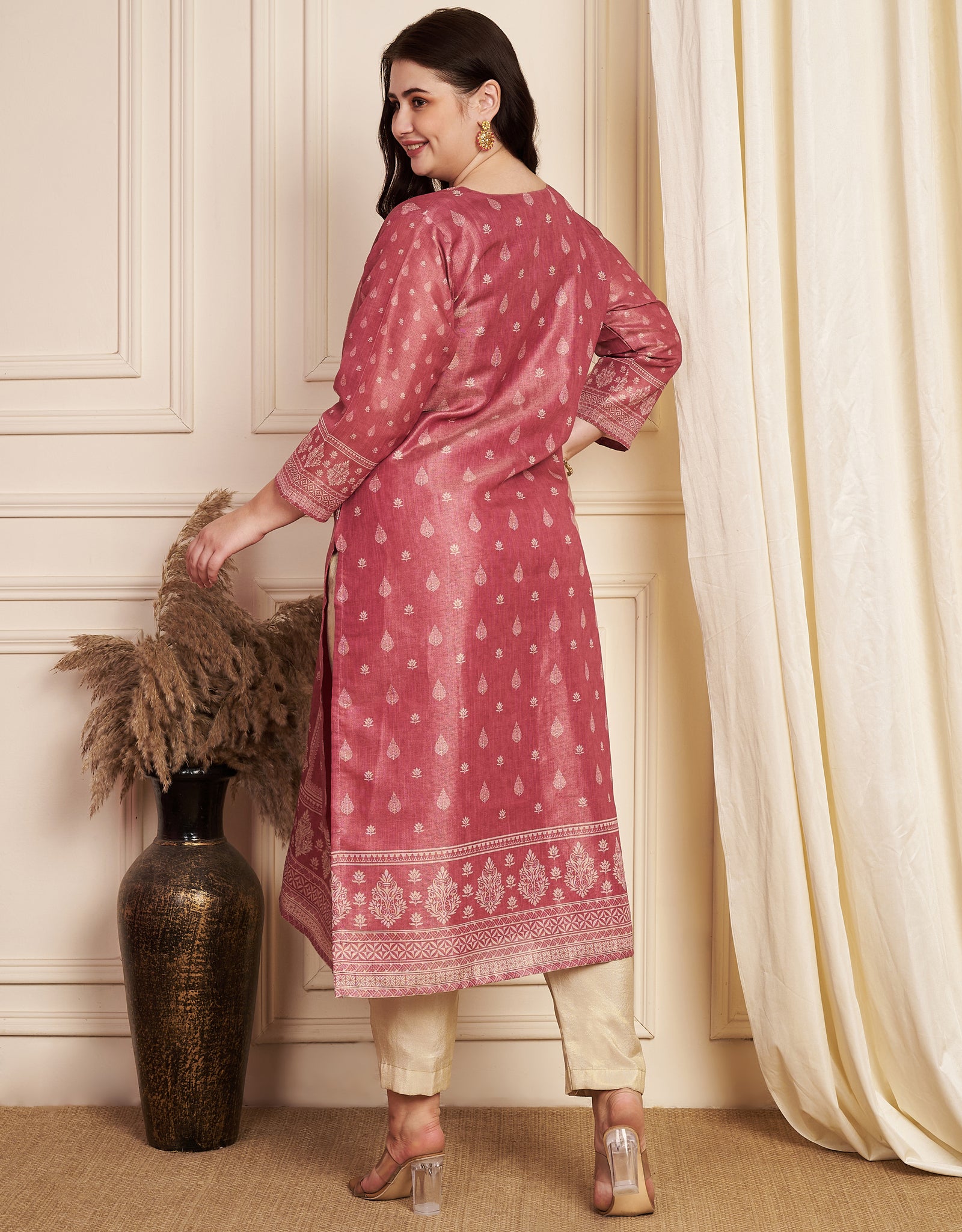 Pink Tissue Straight Cut Kurti