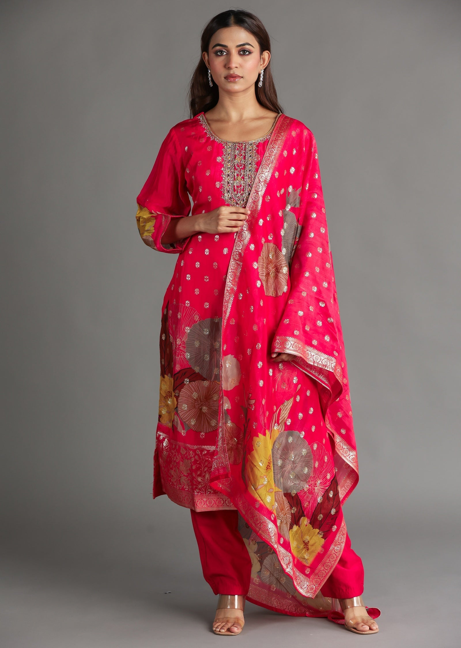Coral Organza Banarasi Straight Cut Suit