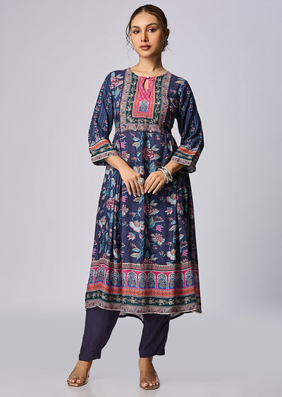 Navy Blue Muslin Straight Cut Kurti Set