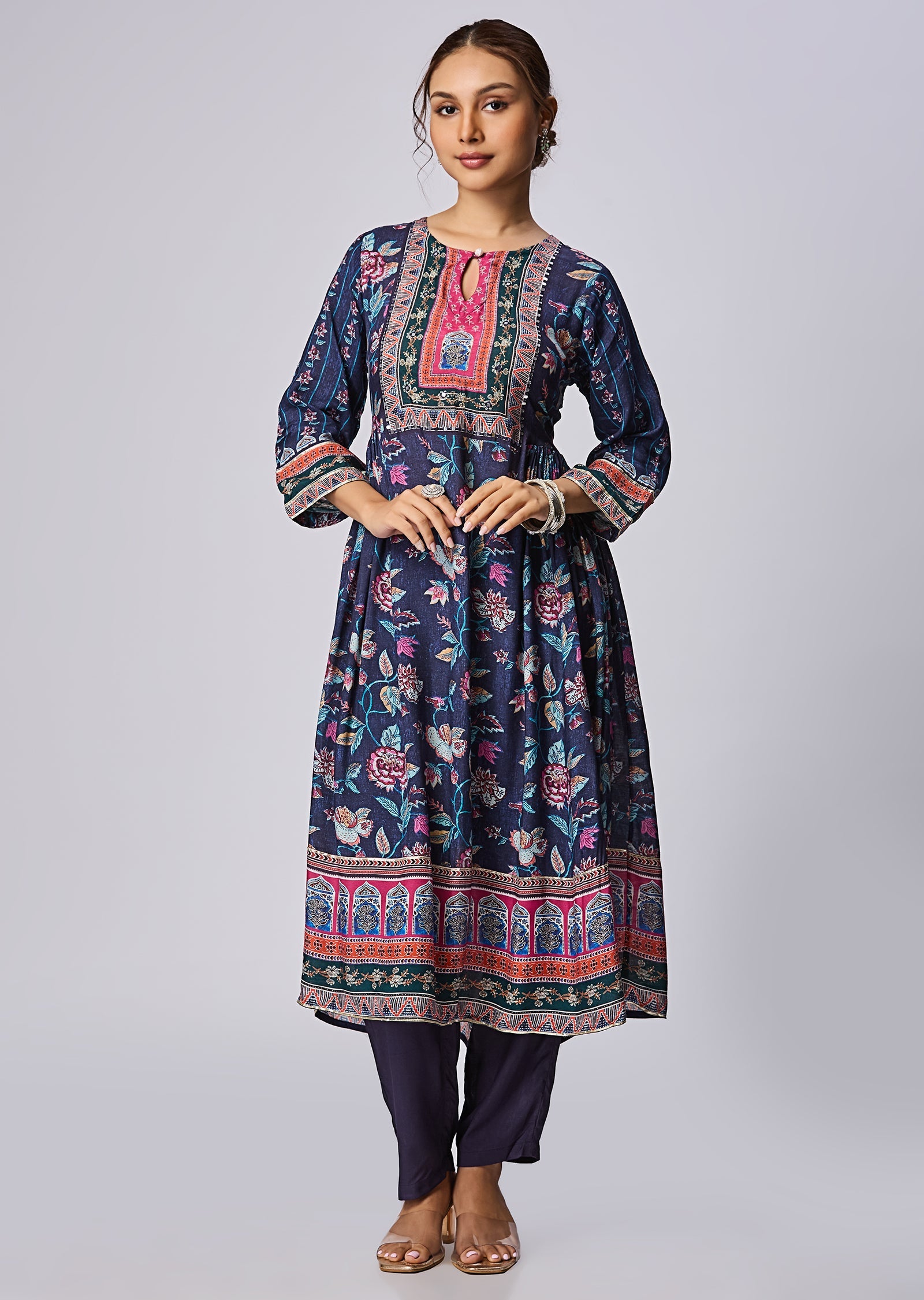 Navy Blue Muslin Straight Cut Kurti Set