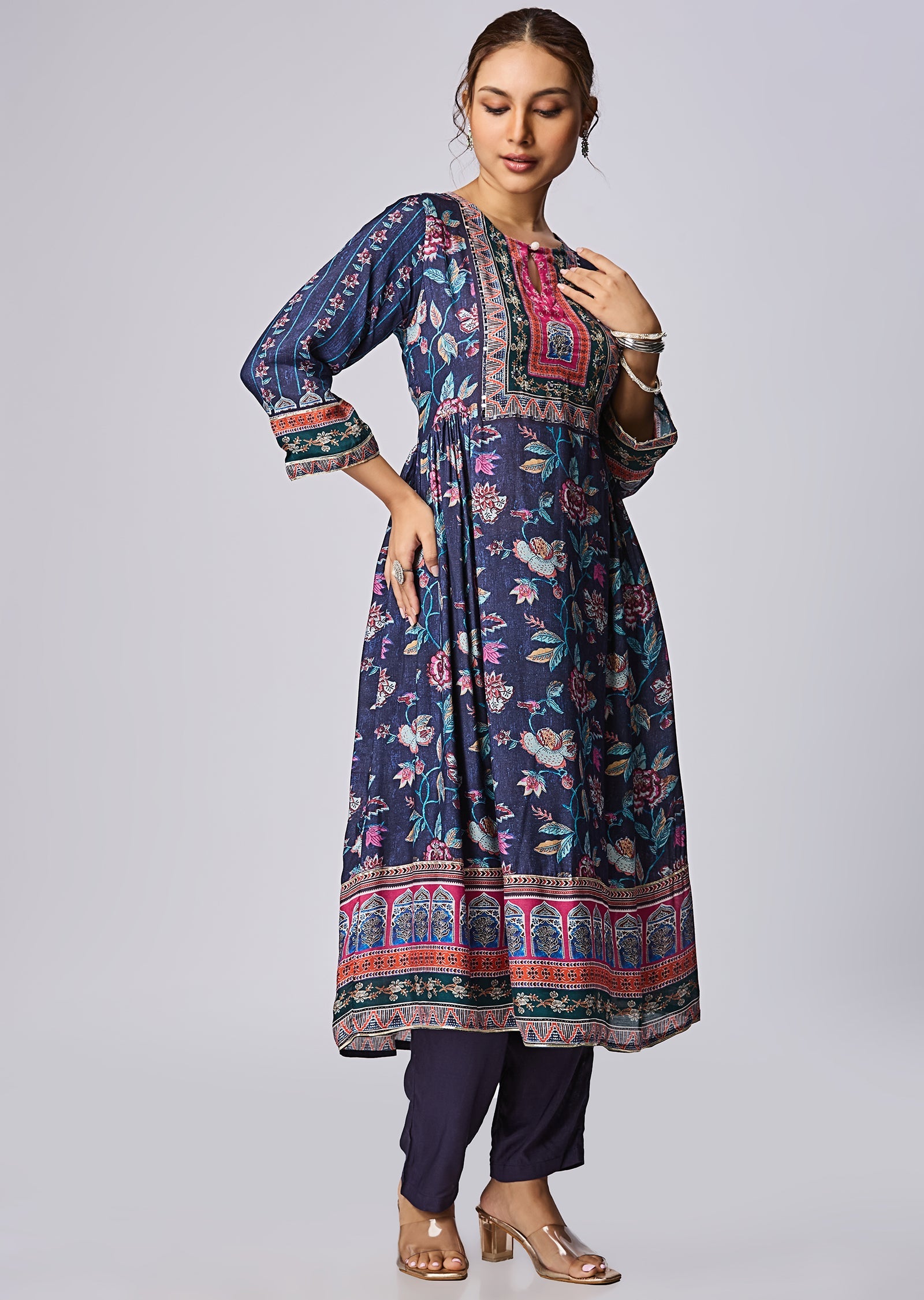 Navy Blue Muslin Straight Cut Kurti Set
