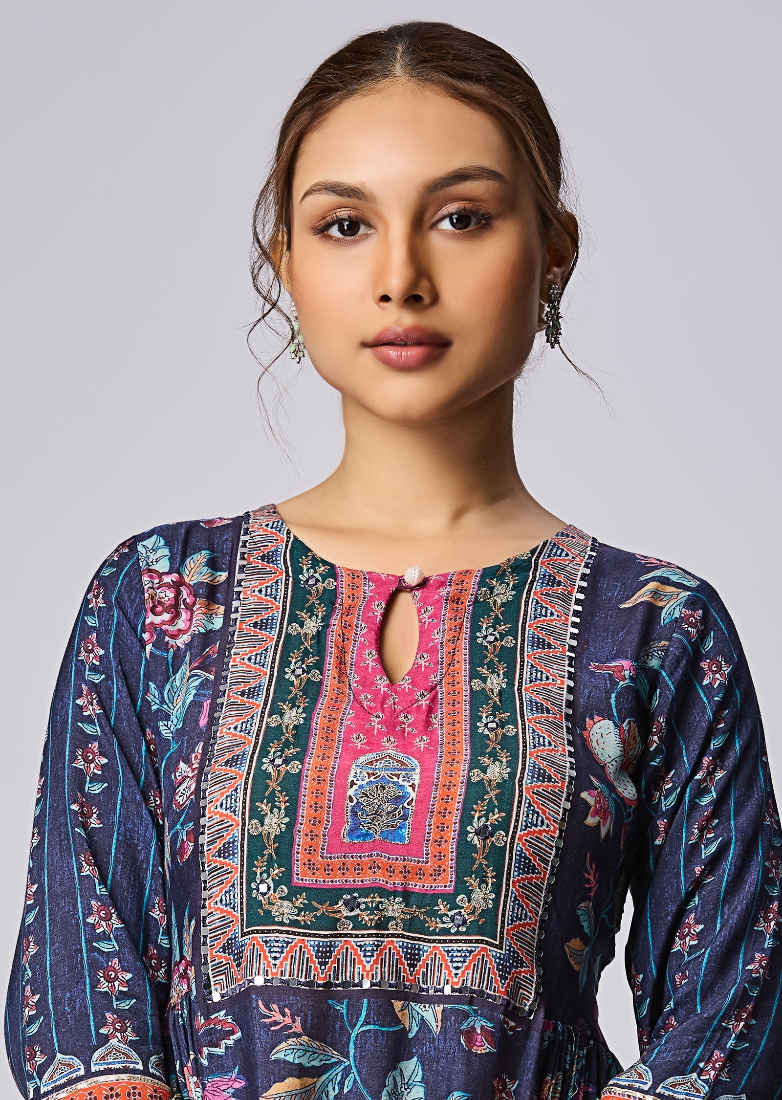 Navy Blue Muslin Straight Cut Kurti Set