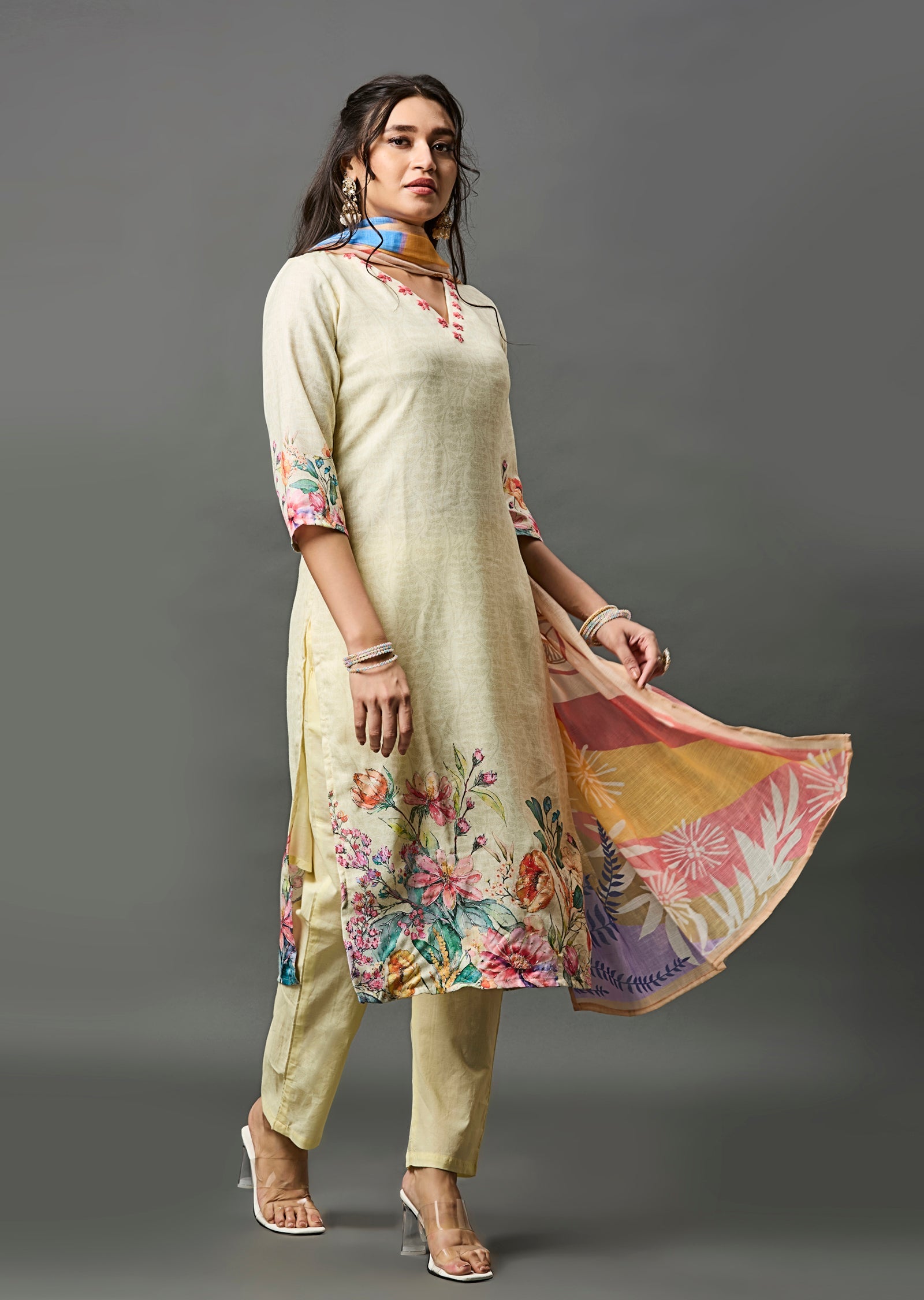 Light Yellow Linen Cotton Straight Cut Suit