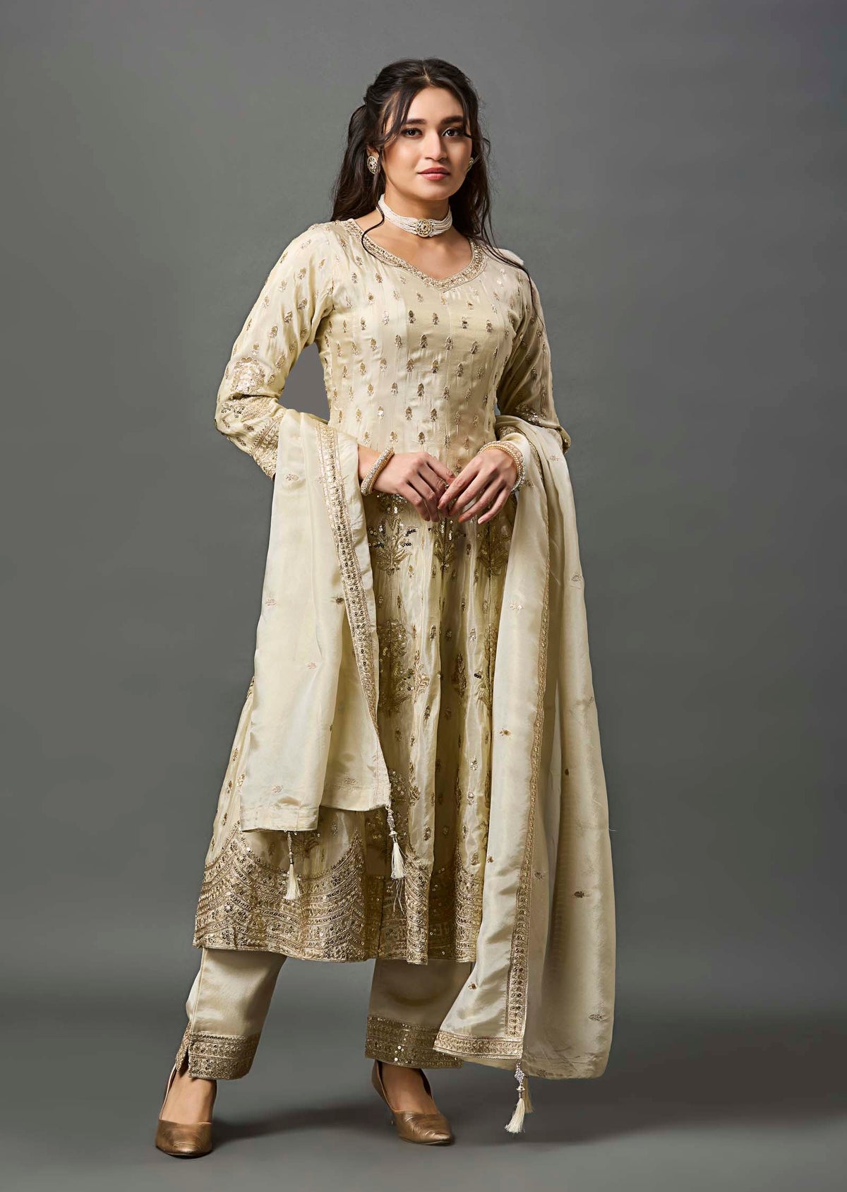 Beige Tissue Anarkali Suit