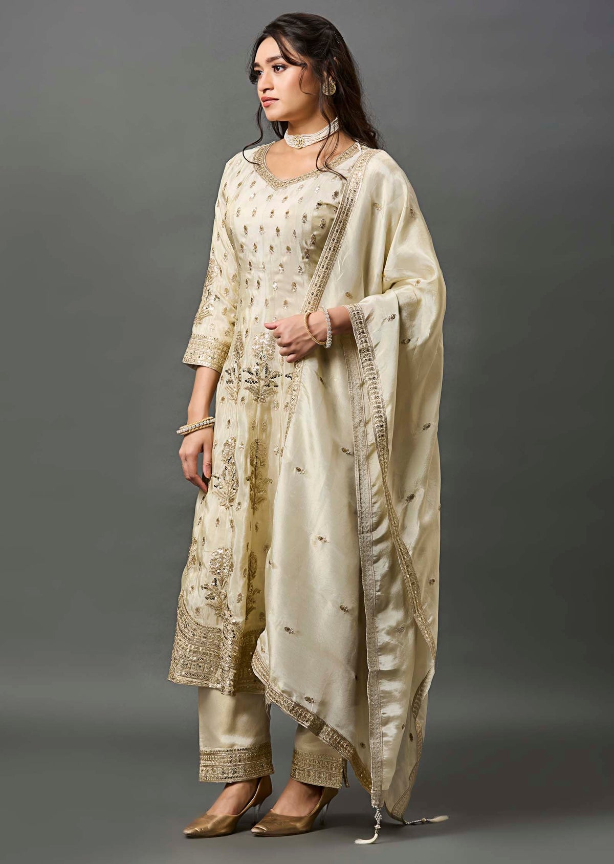 Beige Tissue Anarkali Suit
