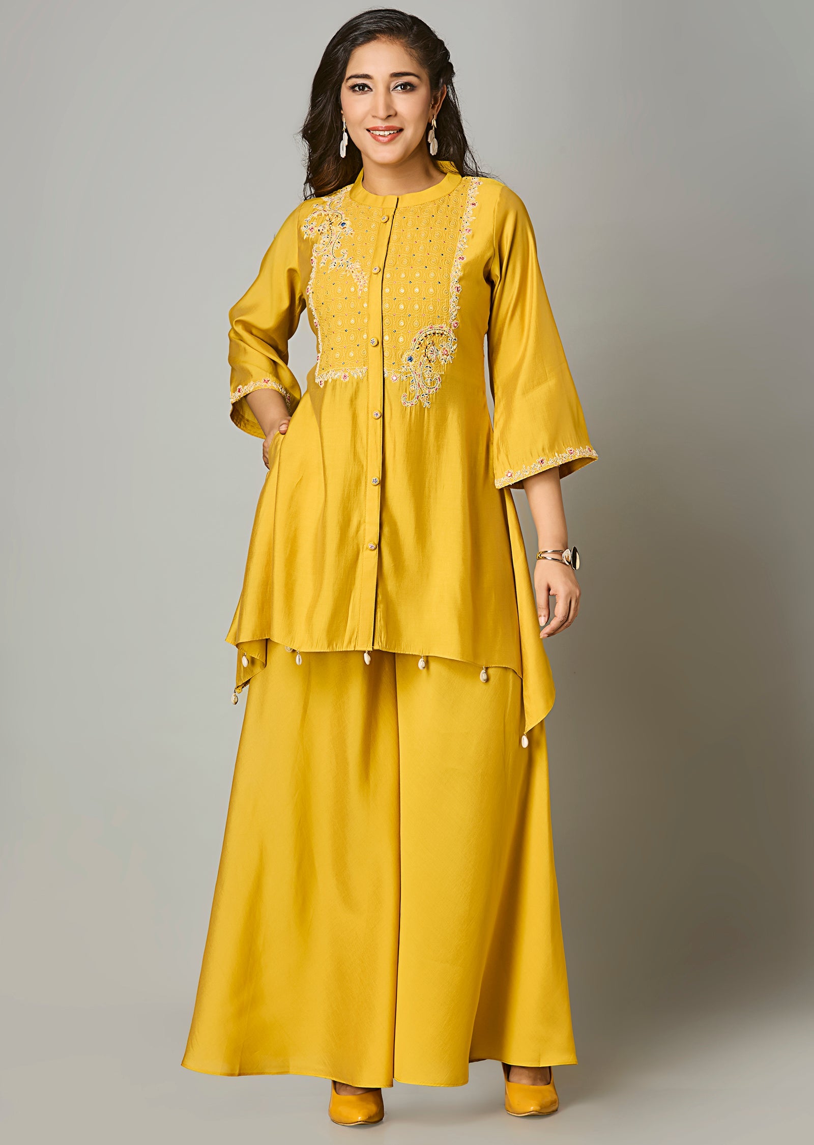 Mustard Russian Silk Straight Cut Kurti Set