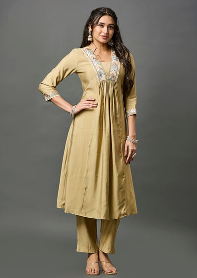 Dark Beige Chanderi Straight Cut Kurti Set