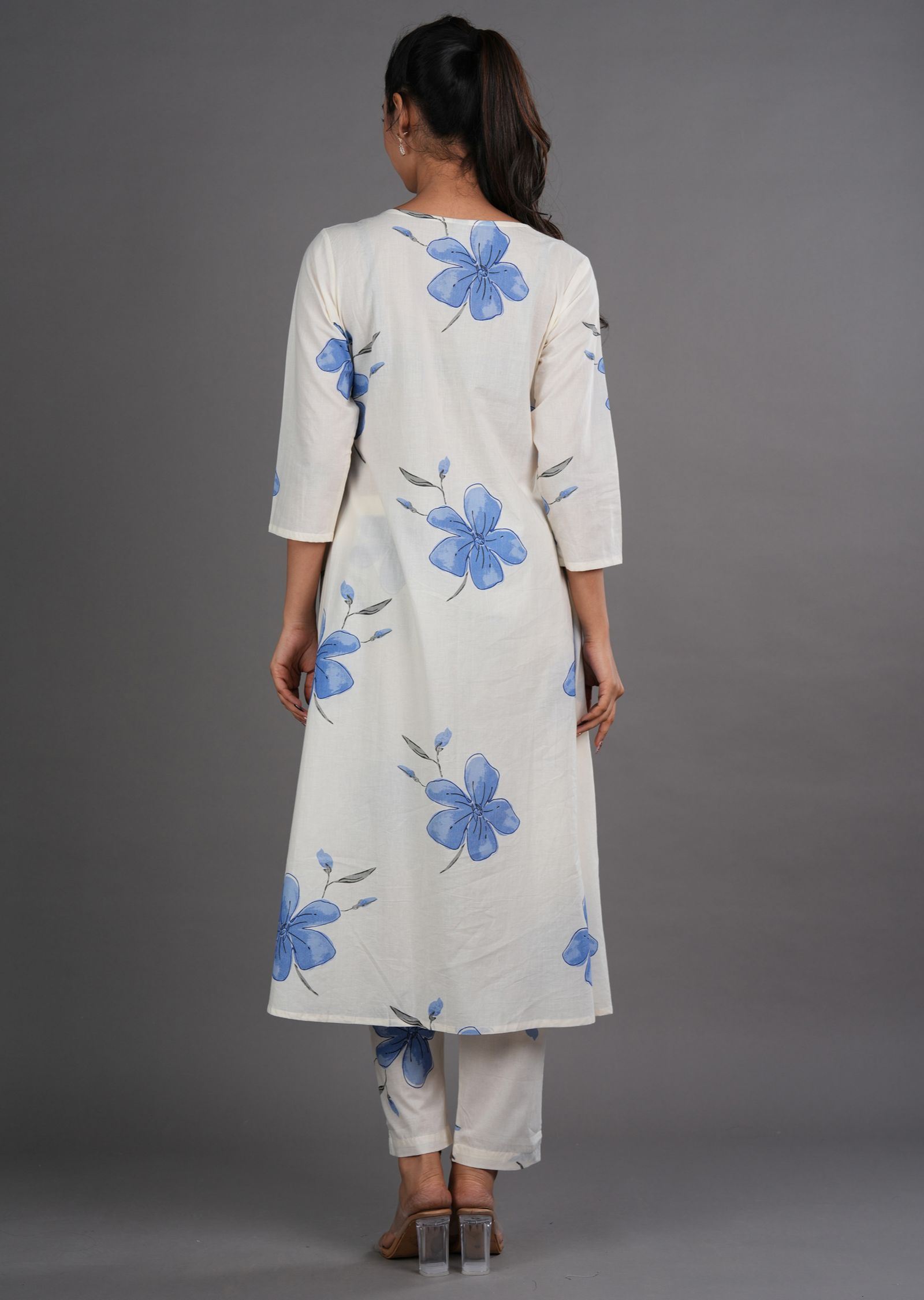 Blue Cotton Straight Cut Kurti Set