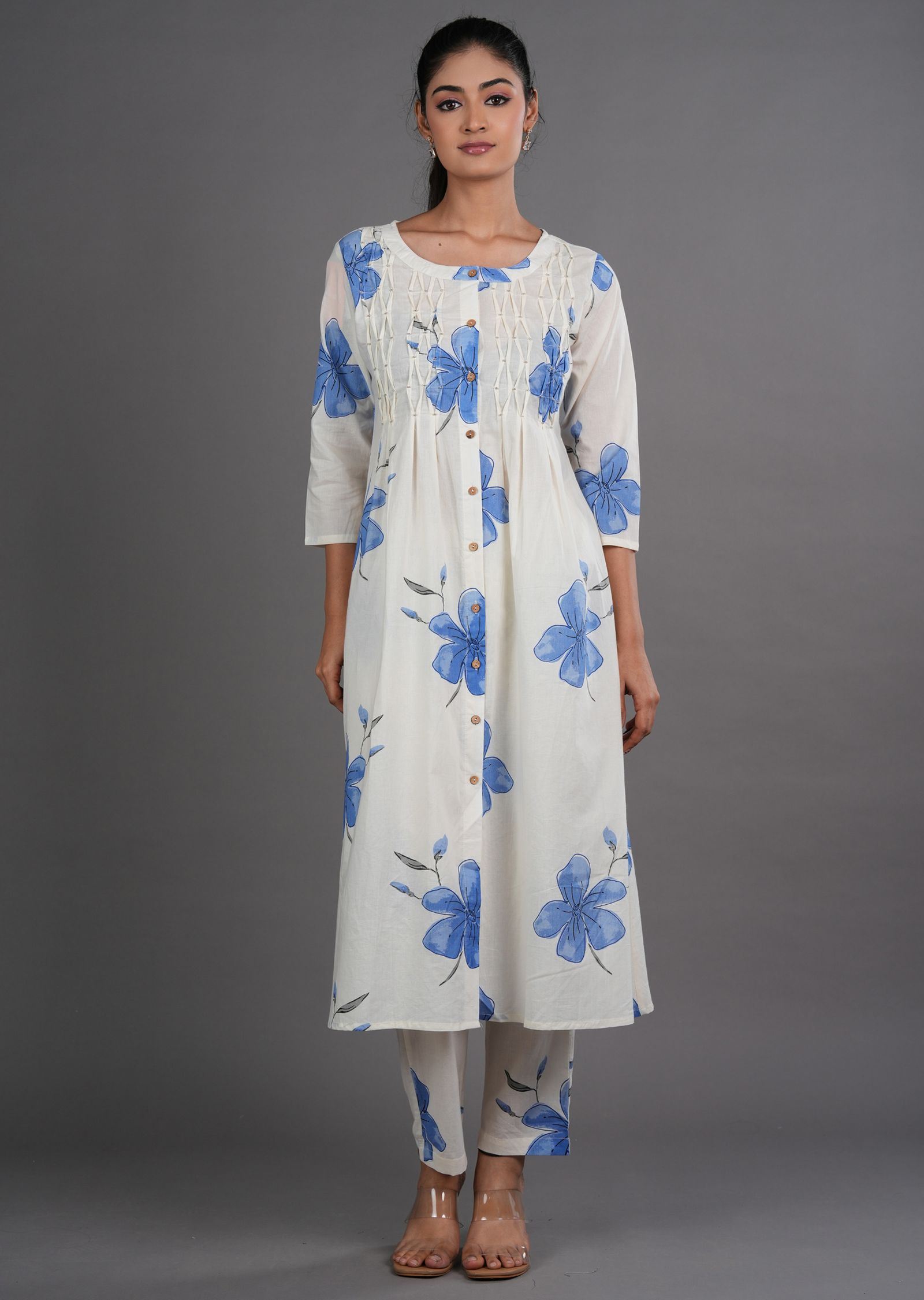 Blue Cotton Straight Cut Kurti Set