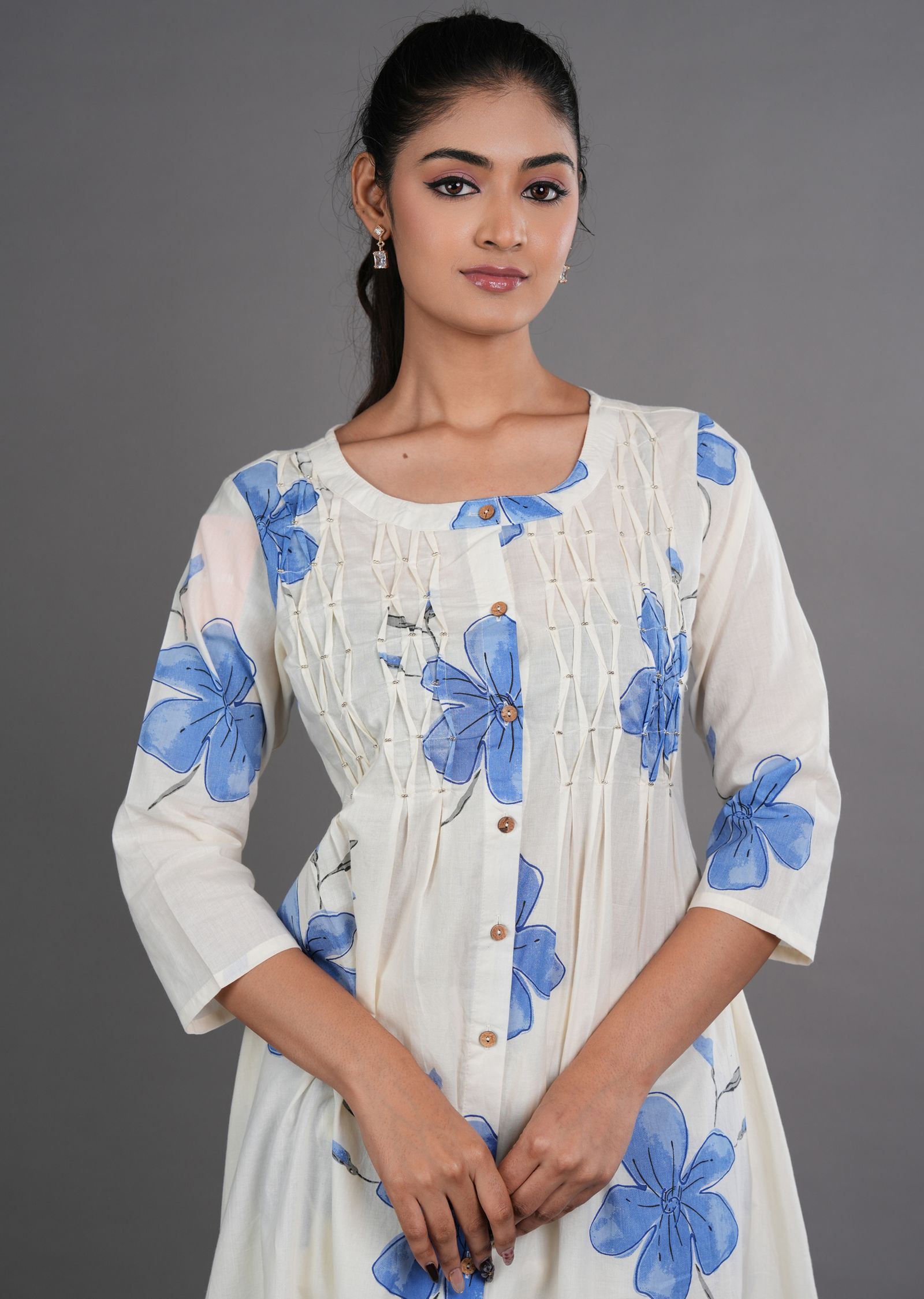 Blue Cotton Straight Cut Kurti Set