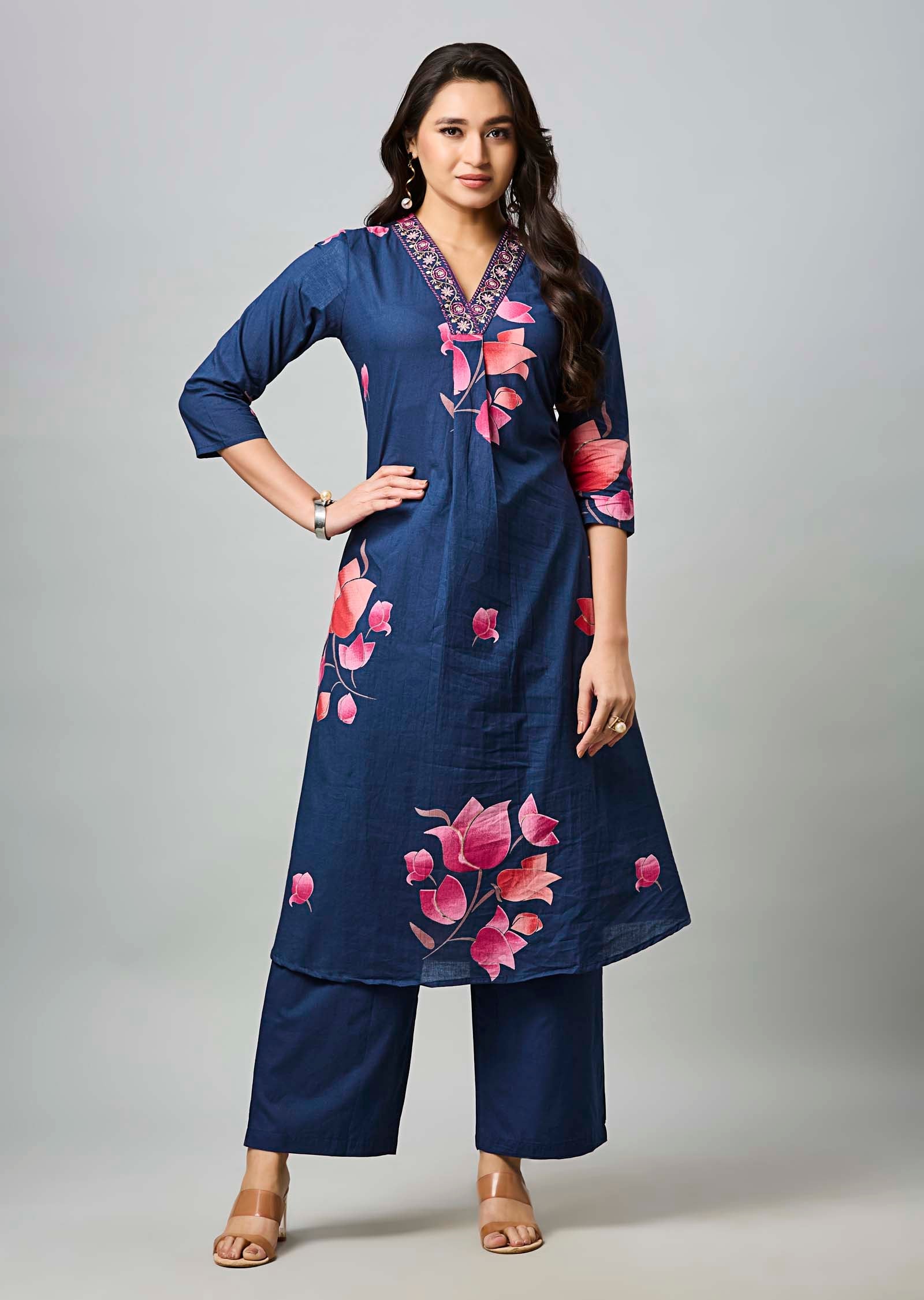 Navy Blue Cotton Straight Cut Kurti Set