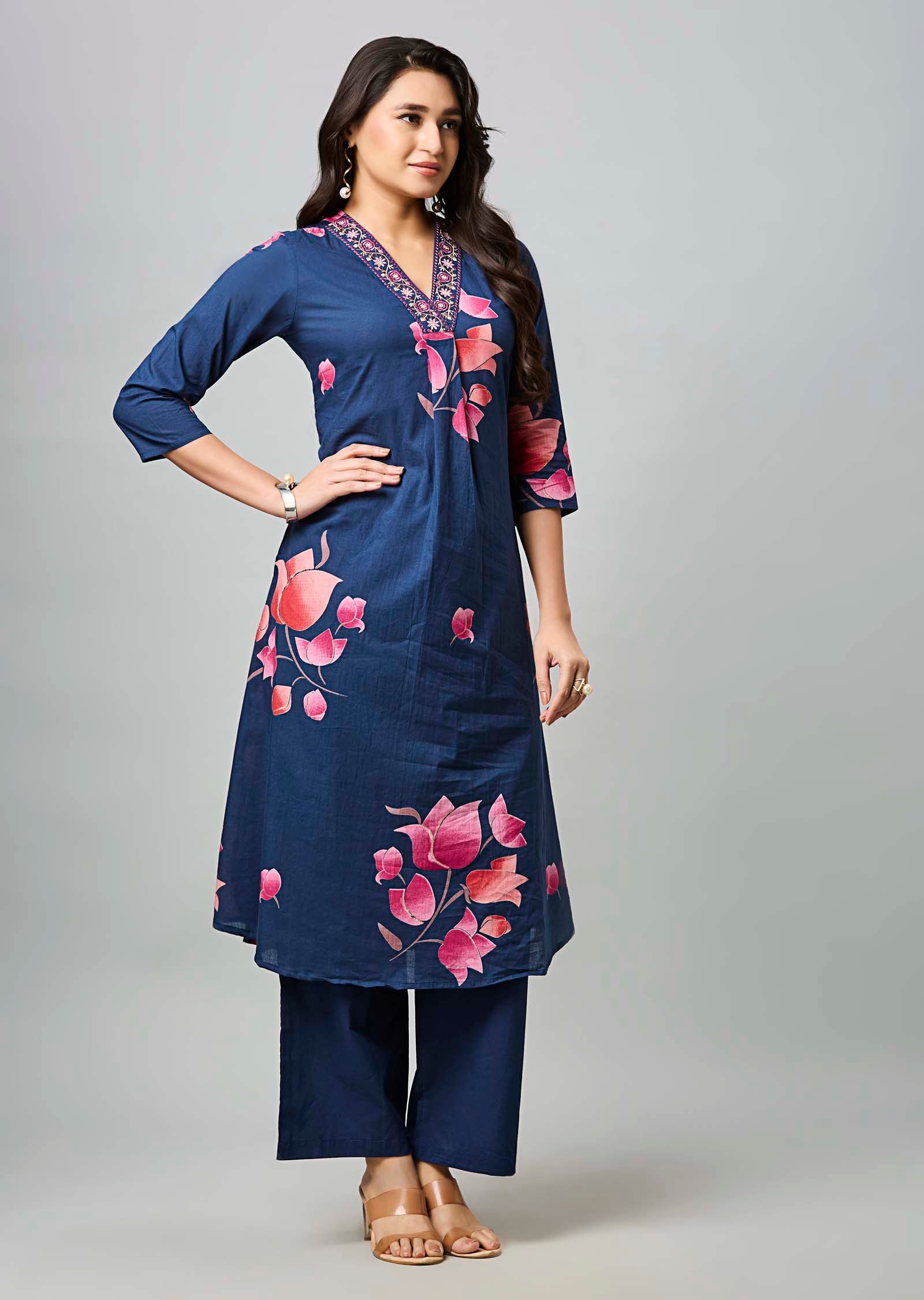 Navy Blue Cotton Straight Cut Kurti Set