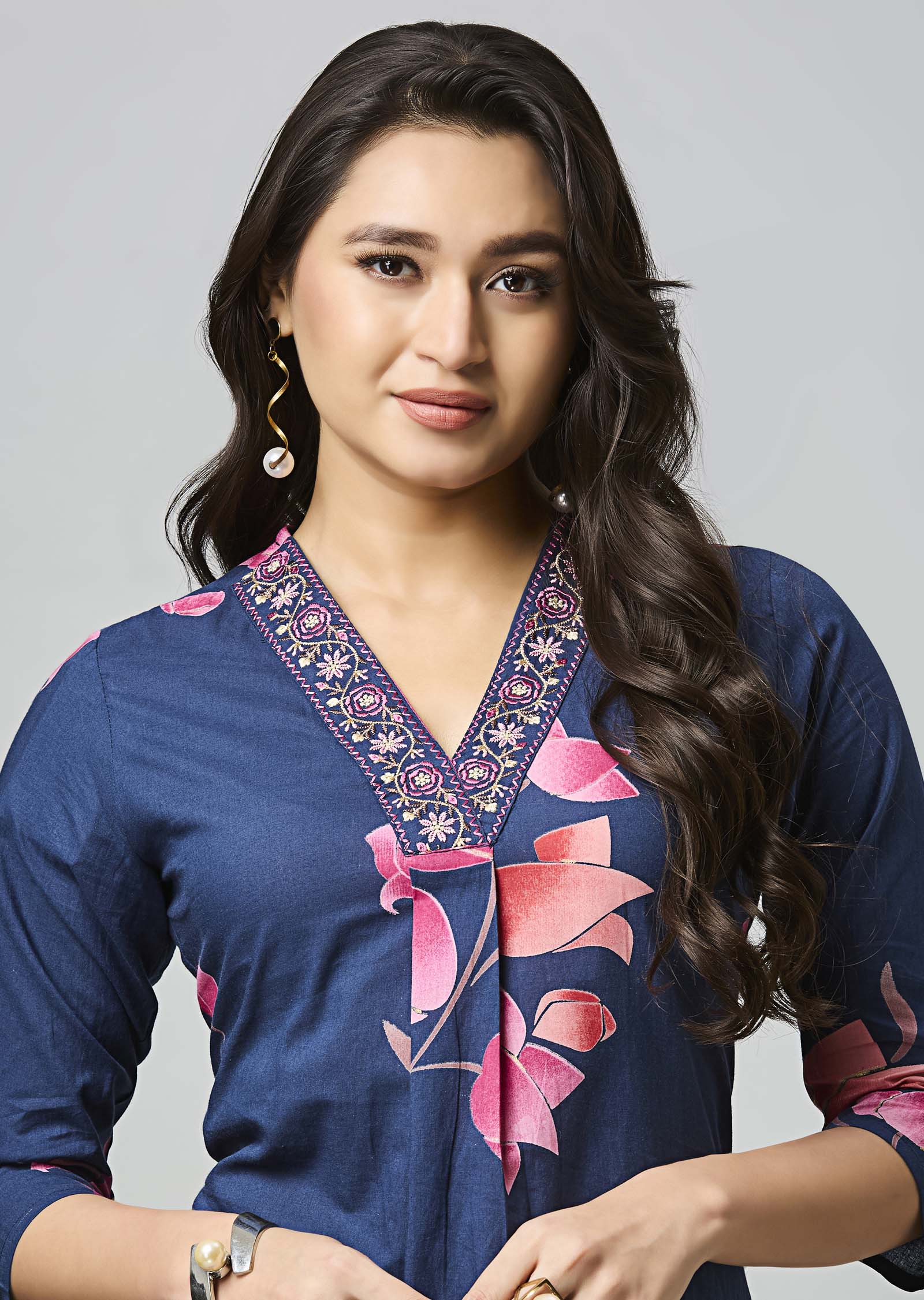 Navy Blue Cotton Straight Cut Kurti Set