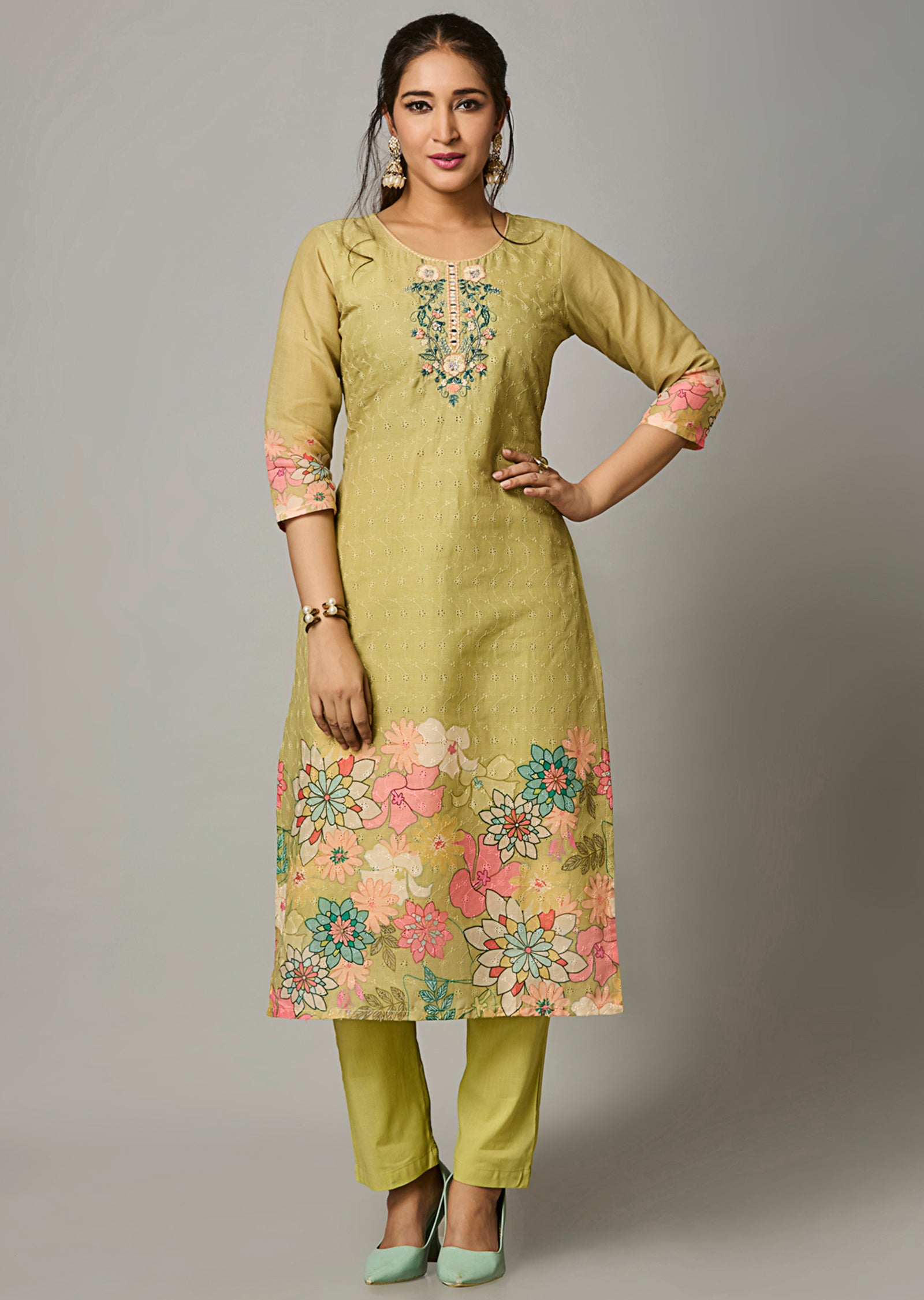 Mehendi Green Cotton Straight Cut Suit