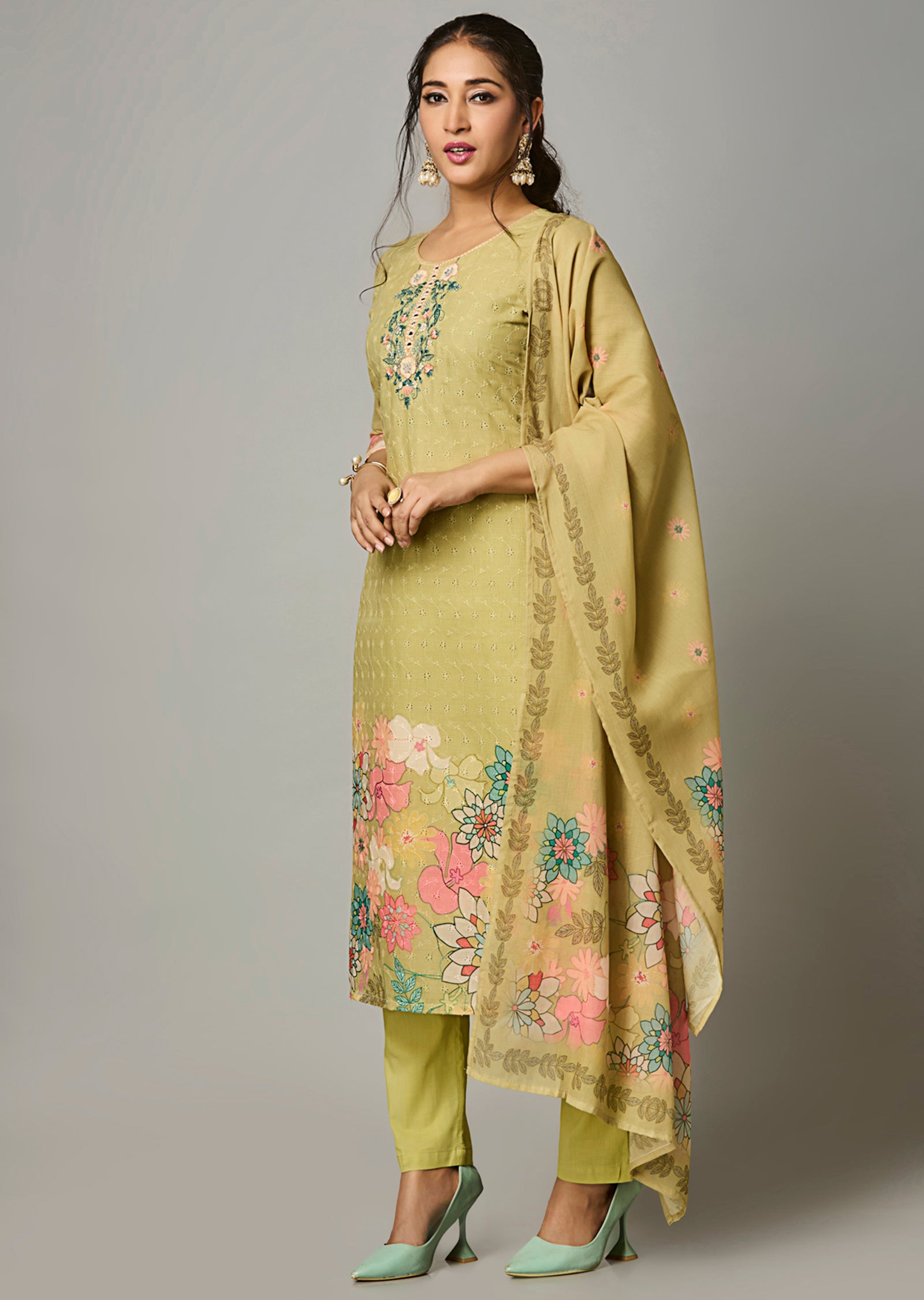 Mehendi Green Cotton Straight Cut Suit