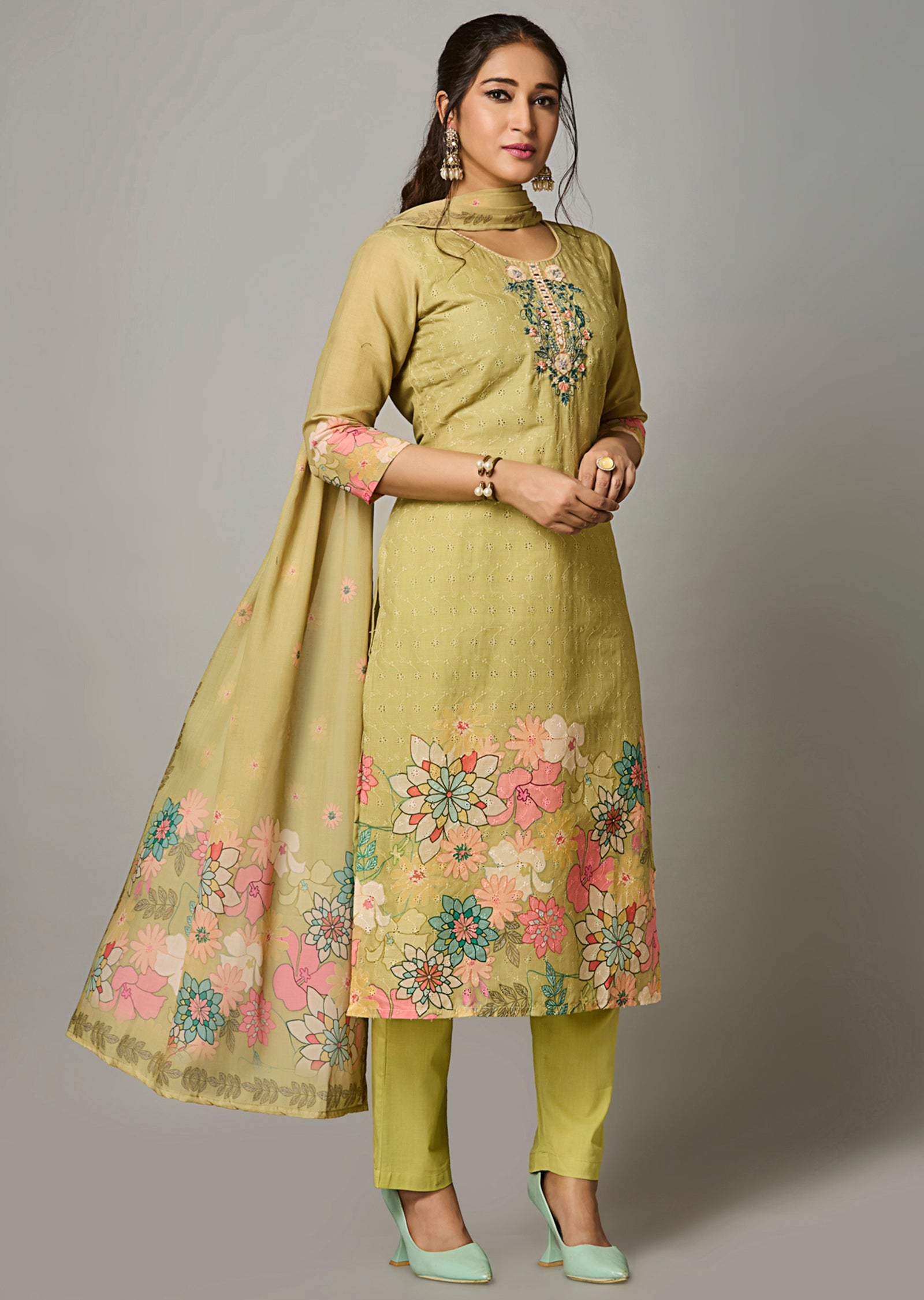 Mehendi Green Cotton Straight Cut Suit
