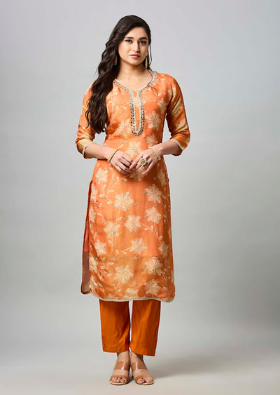 Orange Tissue Silk Straight Cut Kurti