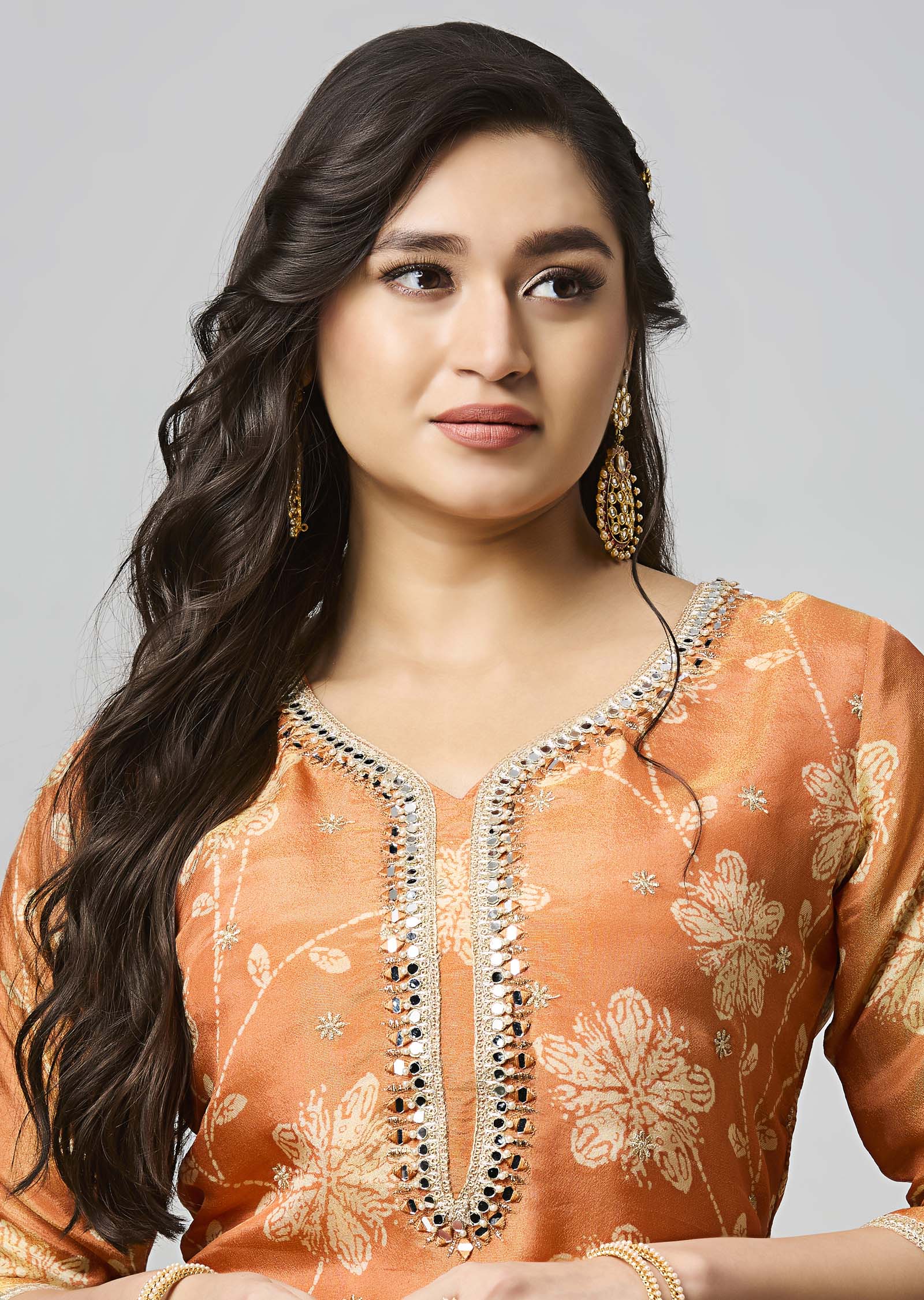Orange Tissue Silk Straight Cut Kurti