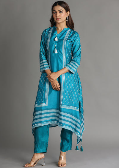 Rama Blue Silk Straight Cut Kurti Set