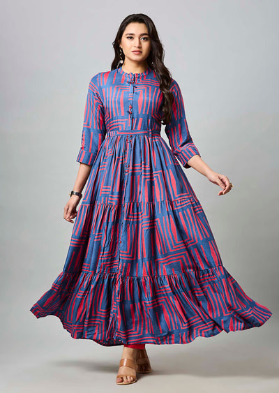 Teal Blue & Pink Muslin Long Dress