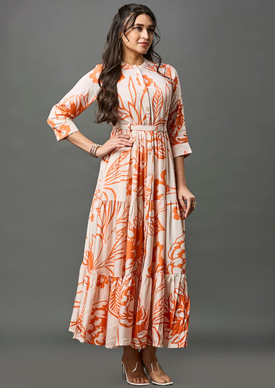 Light Peach & Orange Muslin Long Dress