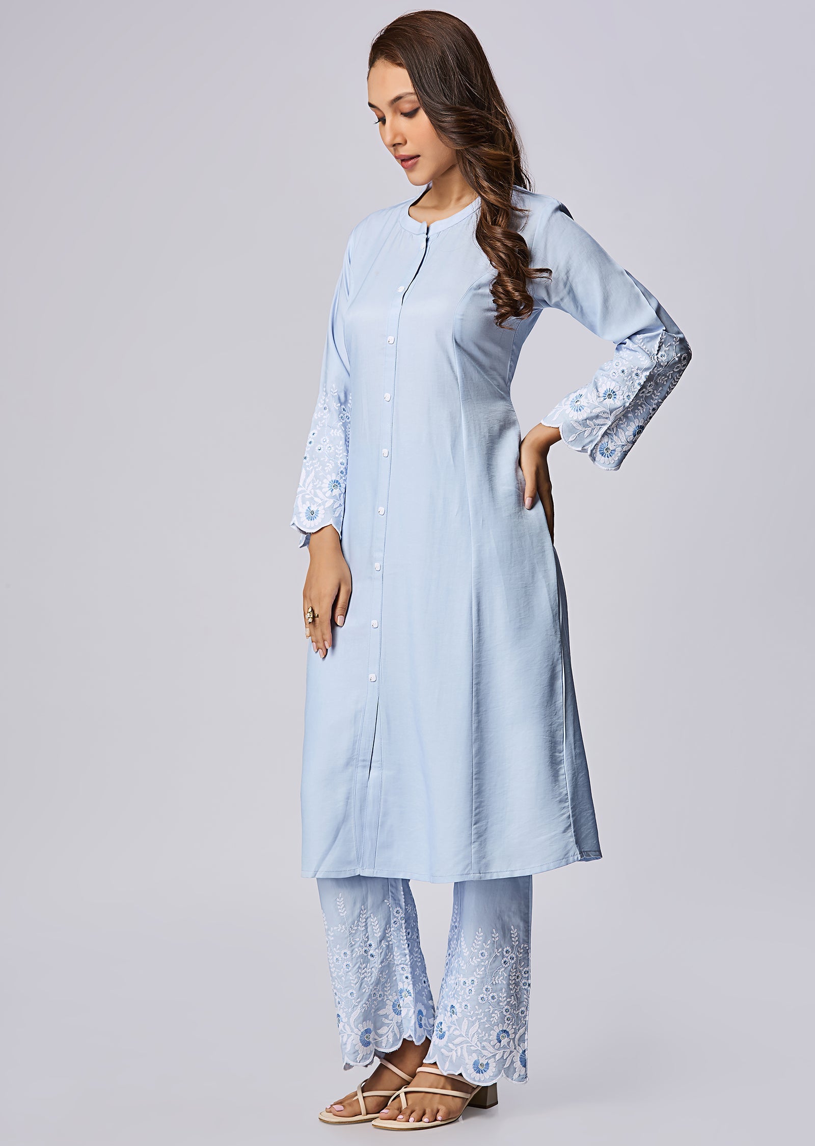 Sky Blue Silk Straight Cut Kurti Set