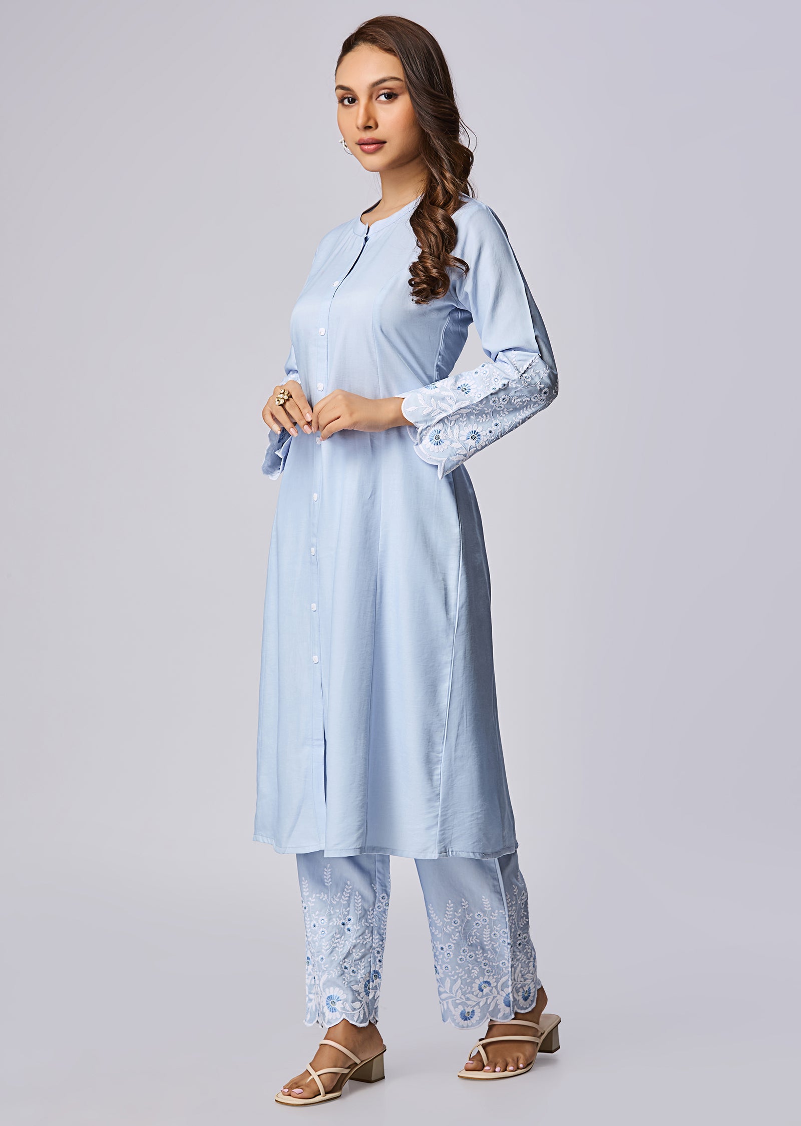 Sky Blue Silk Straight Cut Kurti Set