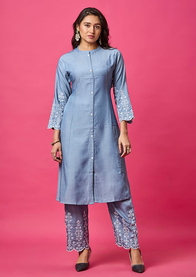 Light Blue Silk Straight Cut Kurti Set