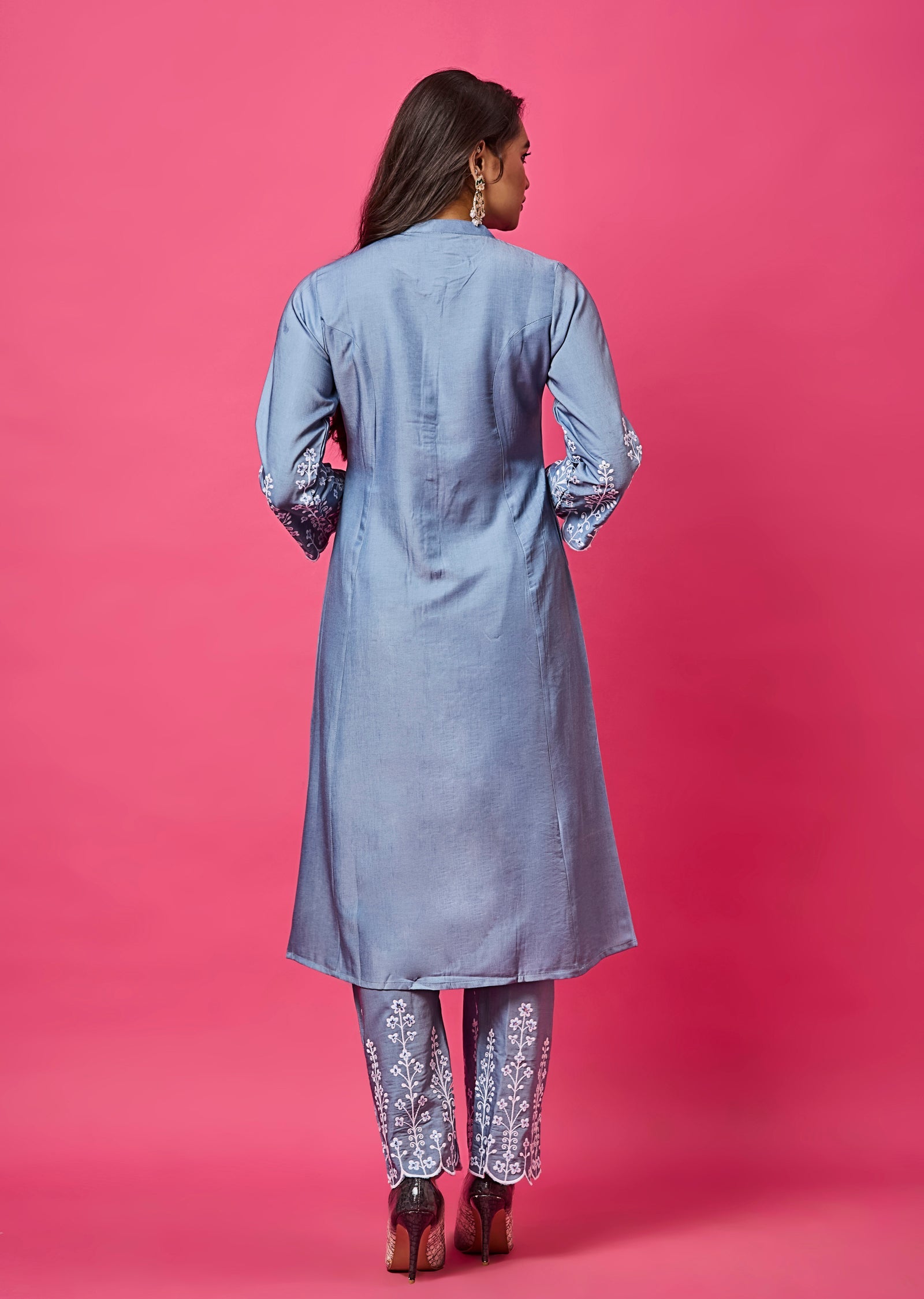 Light Blue Silk Straight Cut Kurti Set