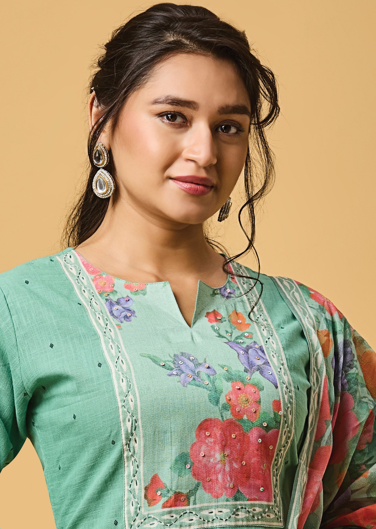 Dusty Green Cotton Straight Cut Kurti Set