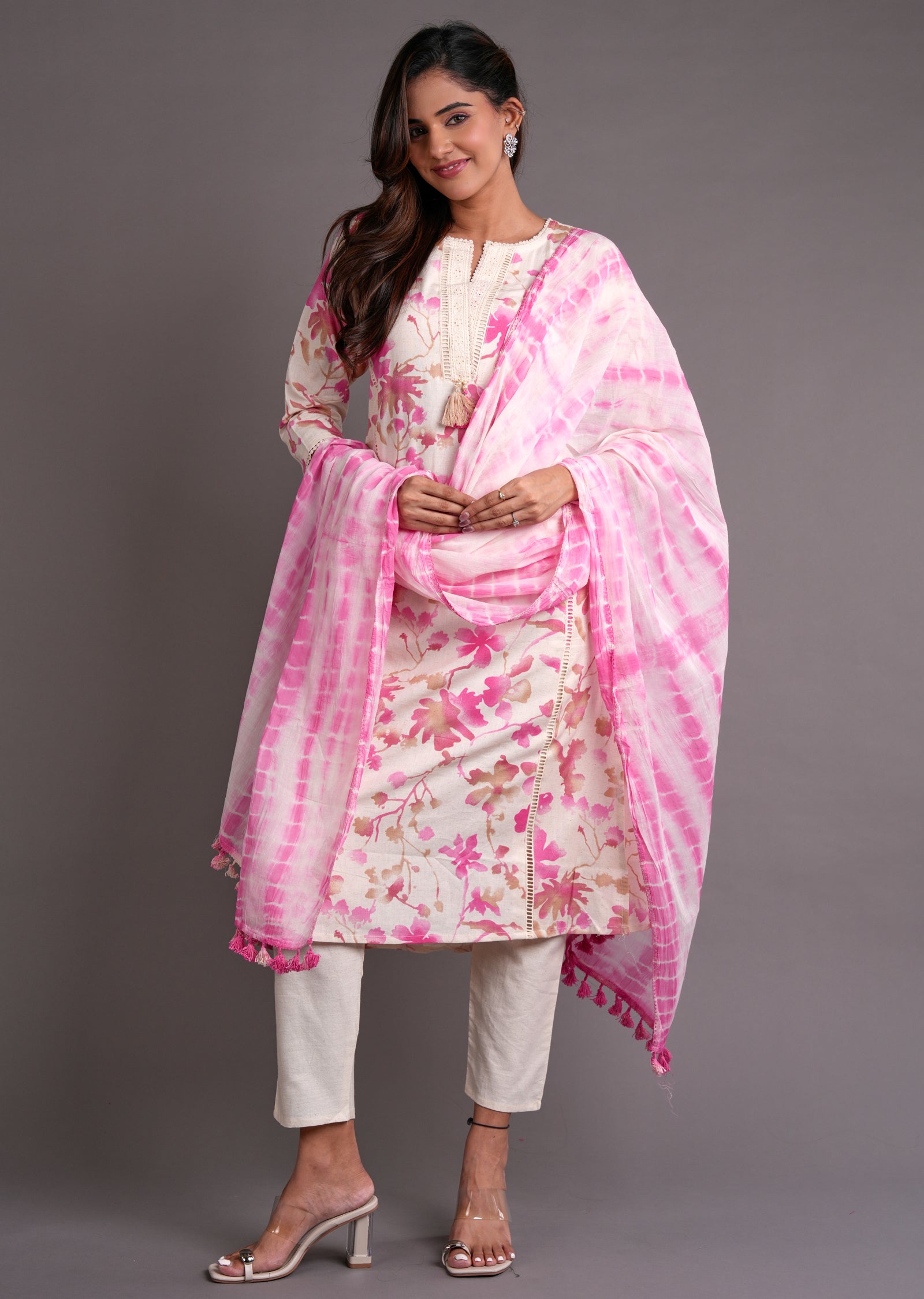 Pink Cotton Straight Cut Suit