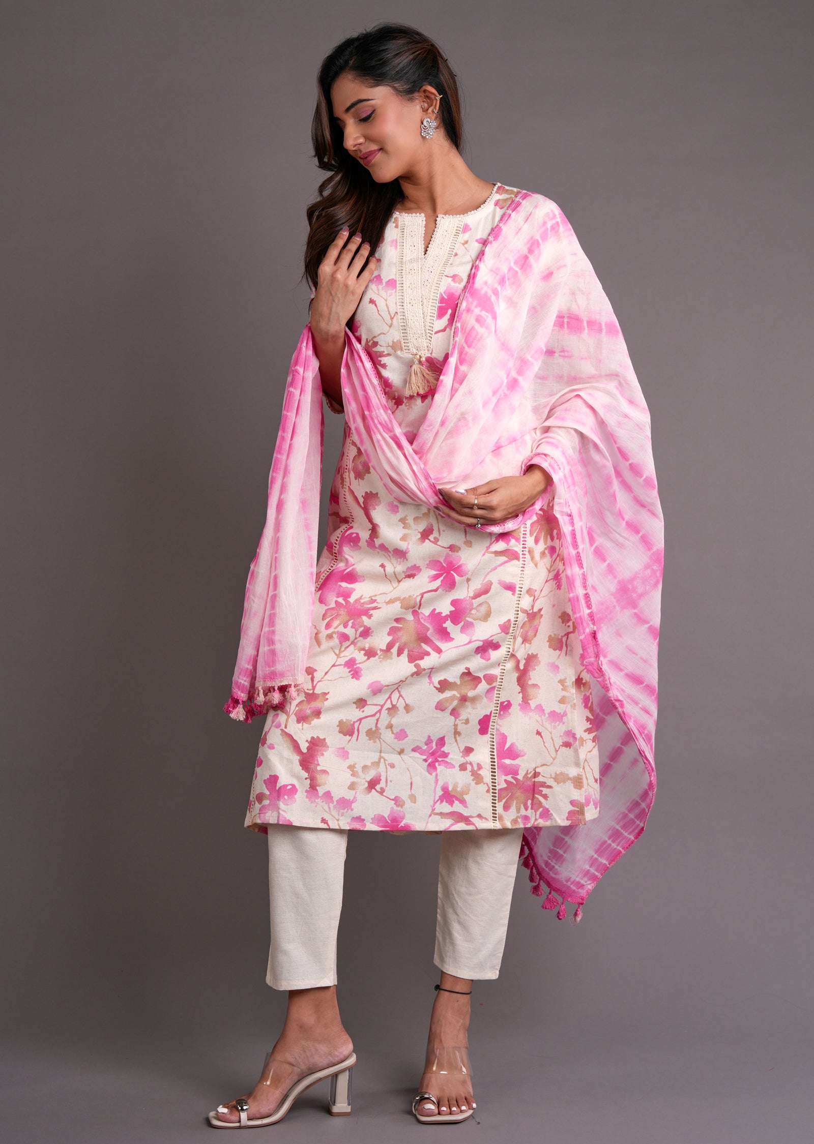 Pink Cotton Straight Cut Suit