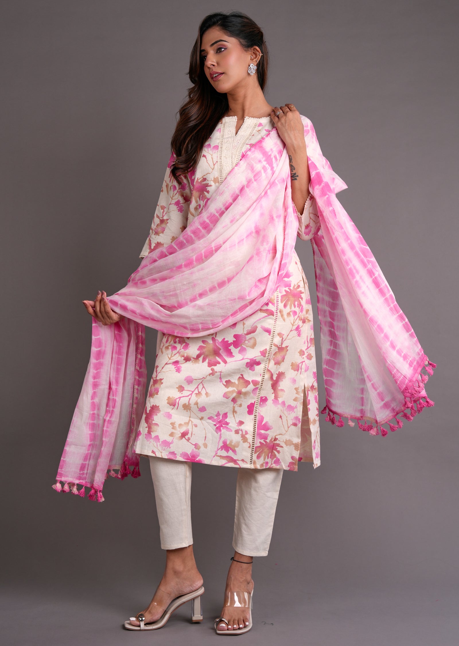 Pink Cotton Straight Cut Suit