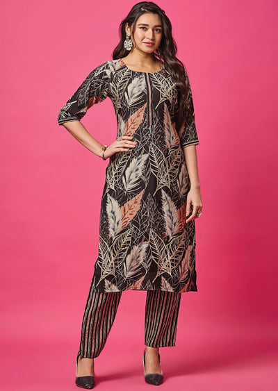 Black Muslin Straight Cut Kurti Set