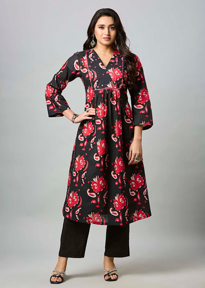 Black & Red Cotton Straight Cut Kurti Set