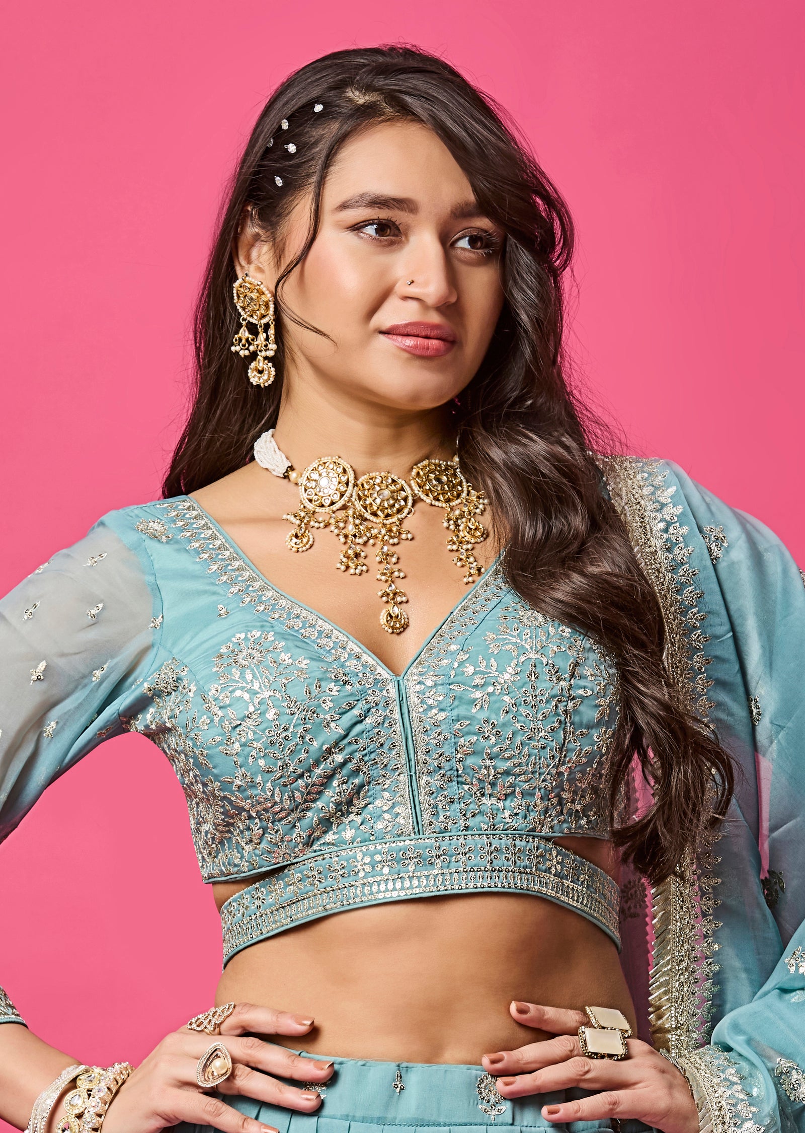 Dusty Blue Organza Lehenga