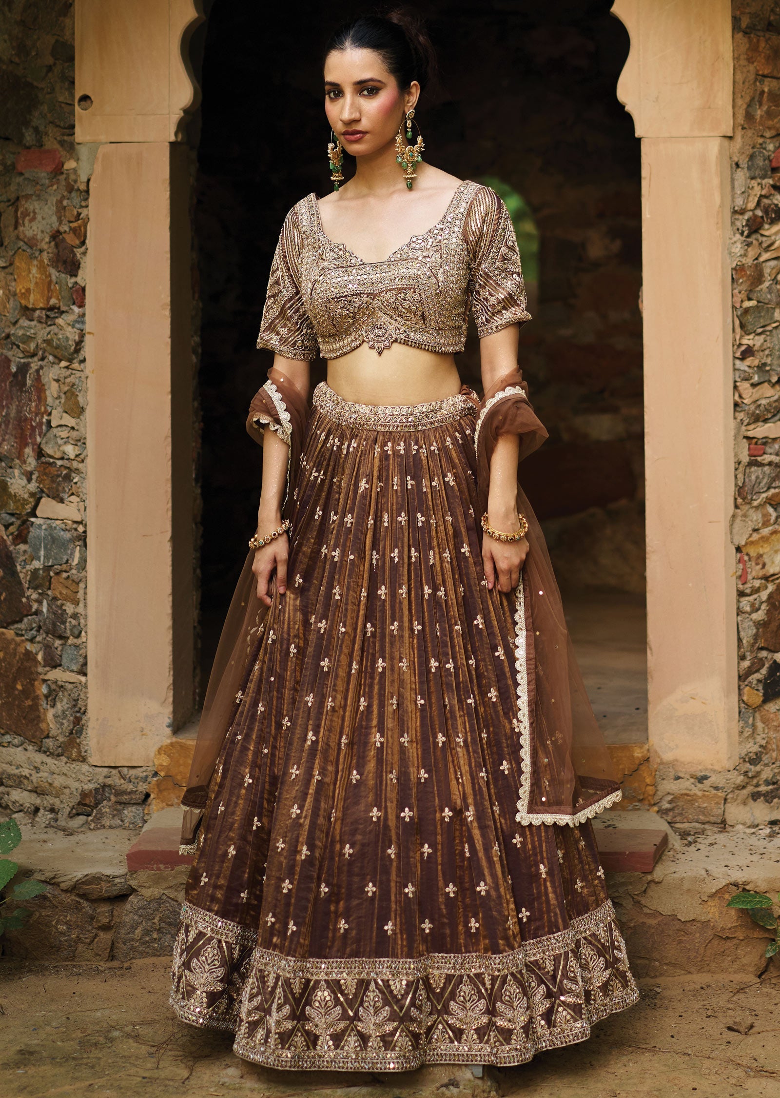 Brown Tissue Chiffon Lehenga Set