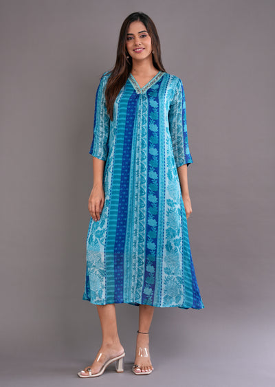 Blue Chinnon Midi Dress
