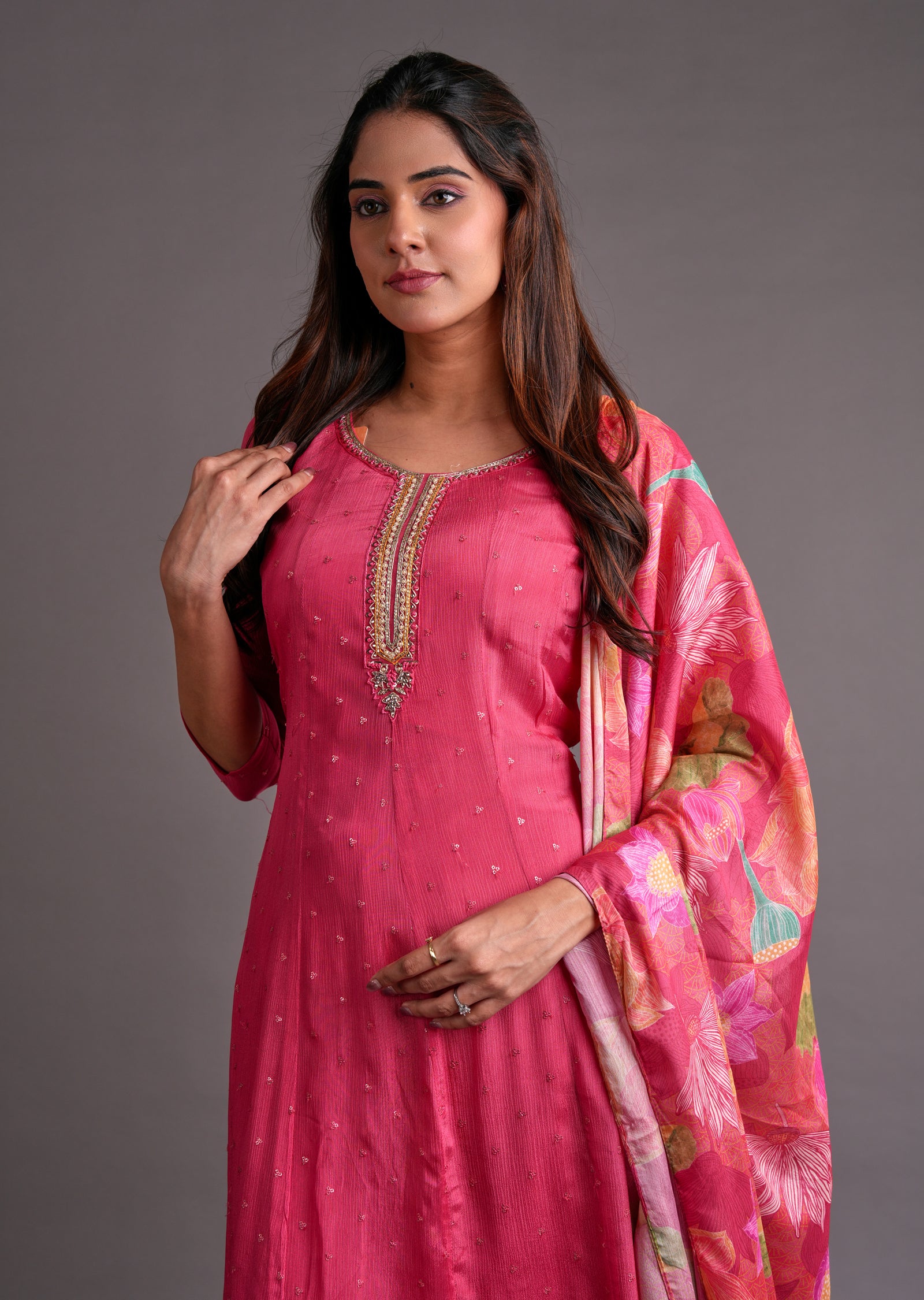 Dark Pink Chinnon Anarkali Suit