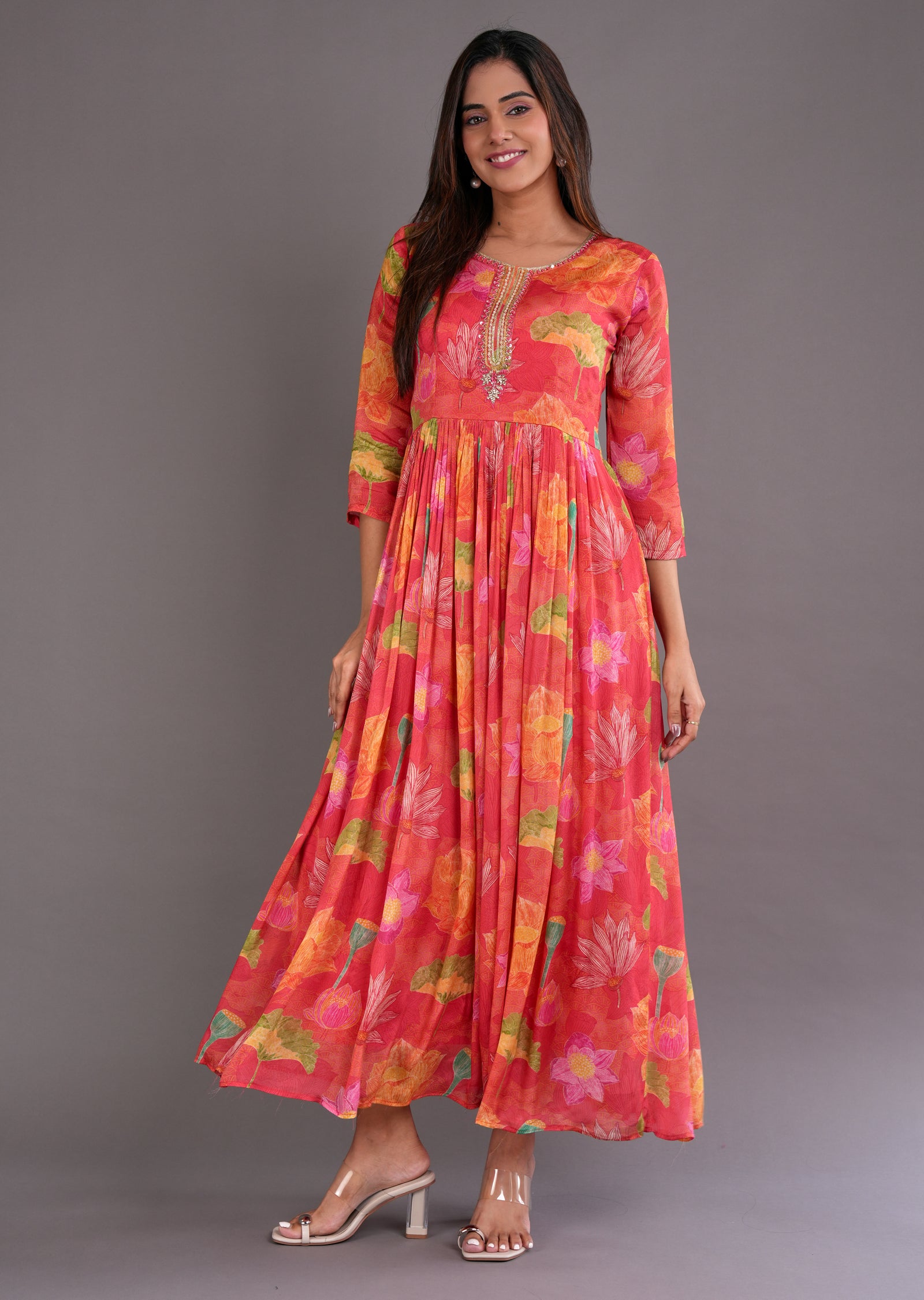 Coral Chinnon Long Dress