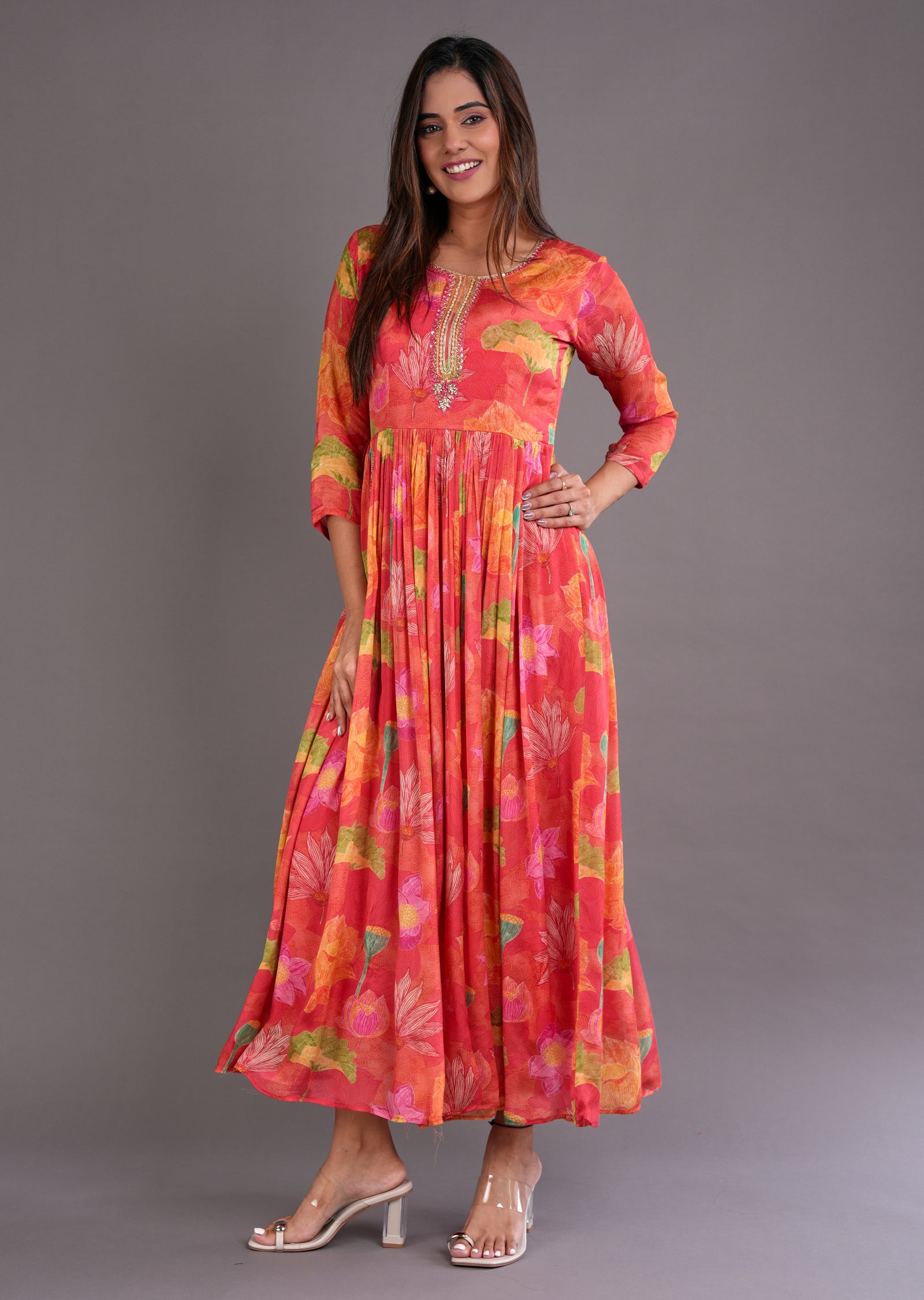 Coral Chinnon Long Dress