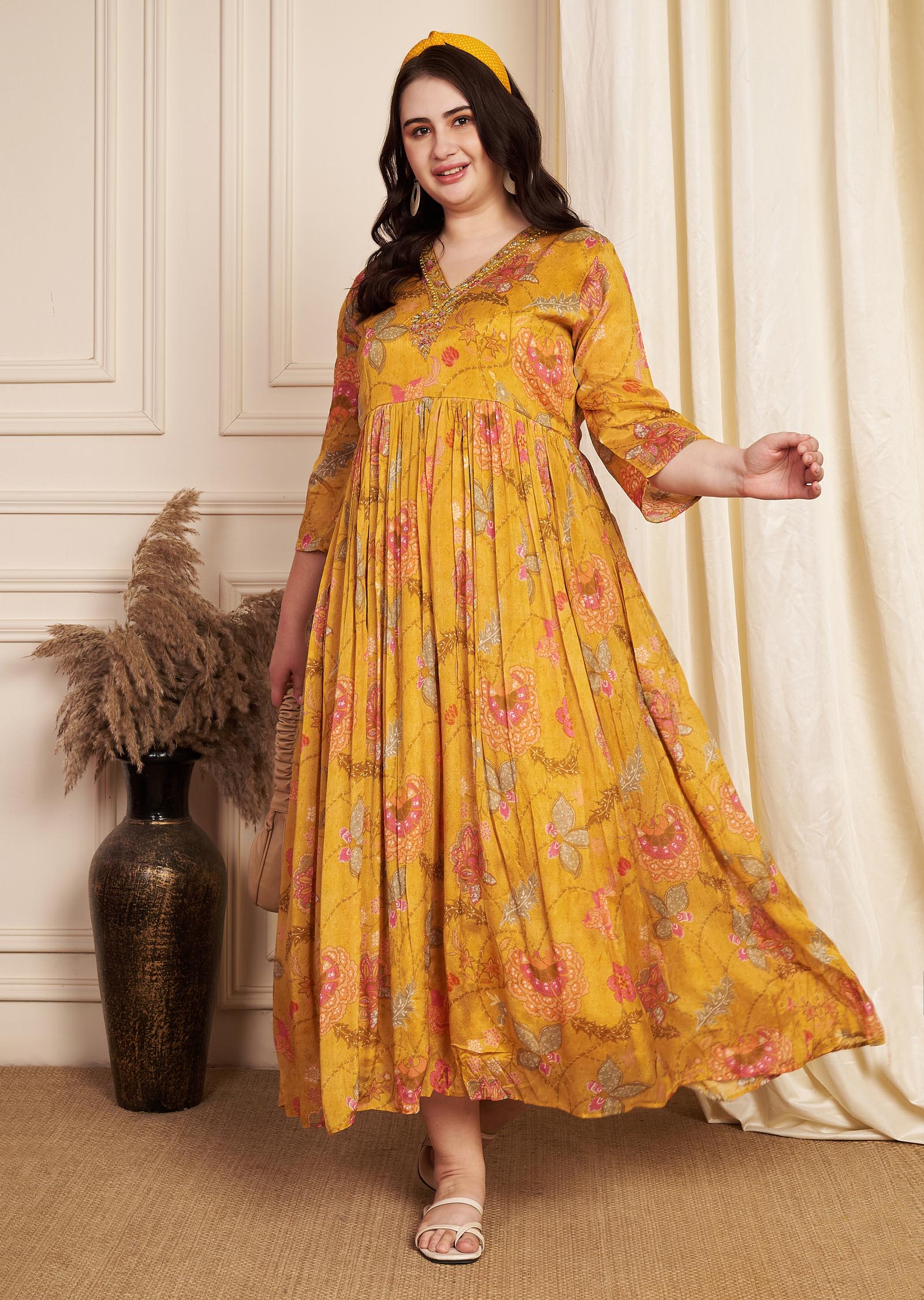 Mustard Chinnon Zari work Dress