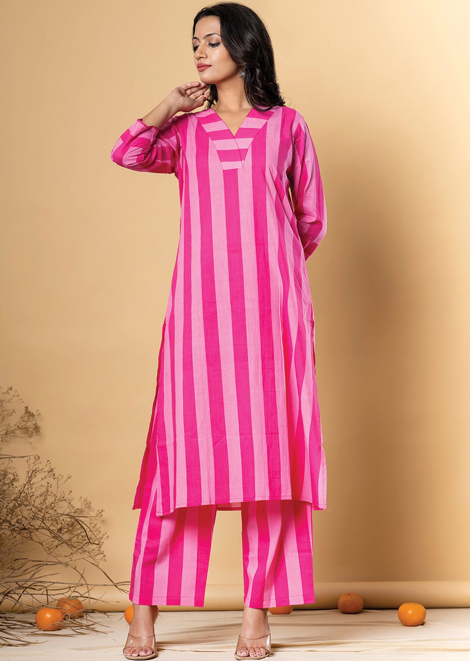 Pink Cotton Straight Cut Kurti Set