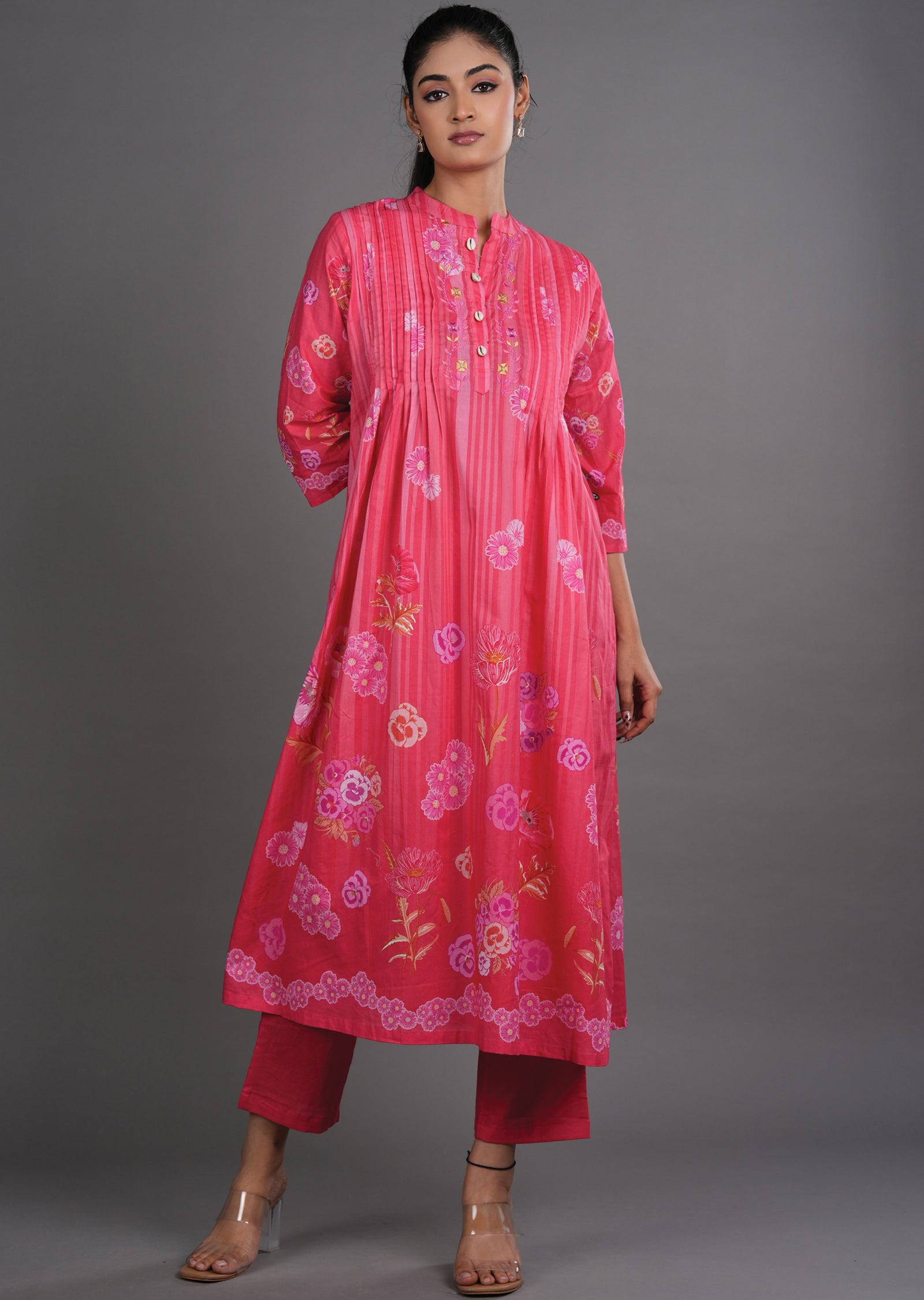 Dark Pink Cotton Straight Cut Kurti Set