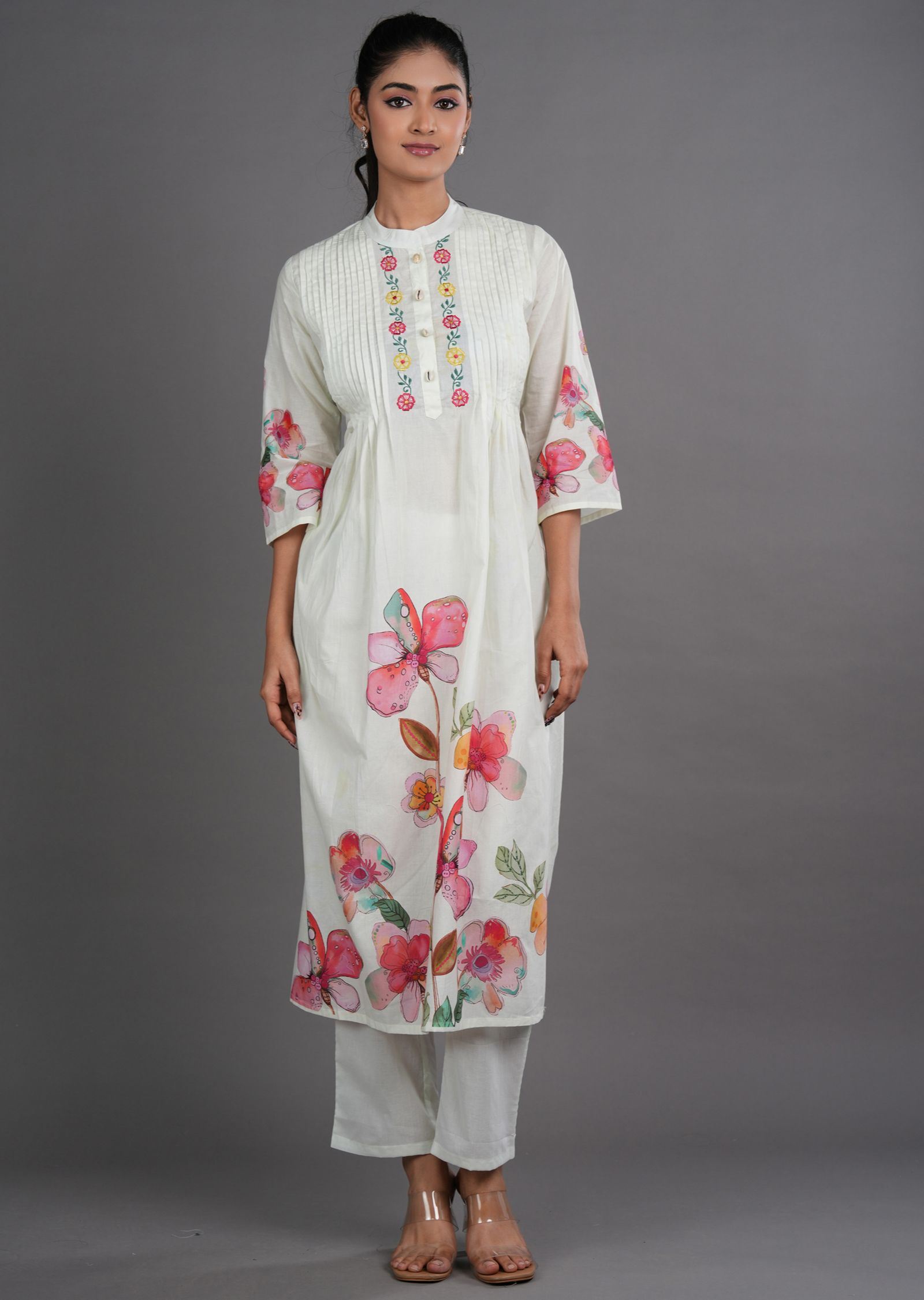 Cream Cotton Straight Cut Kurti Set
