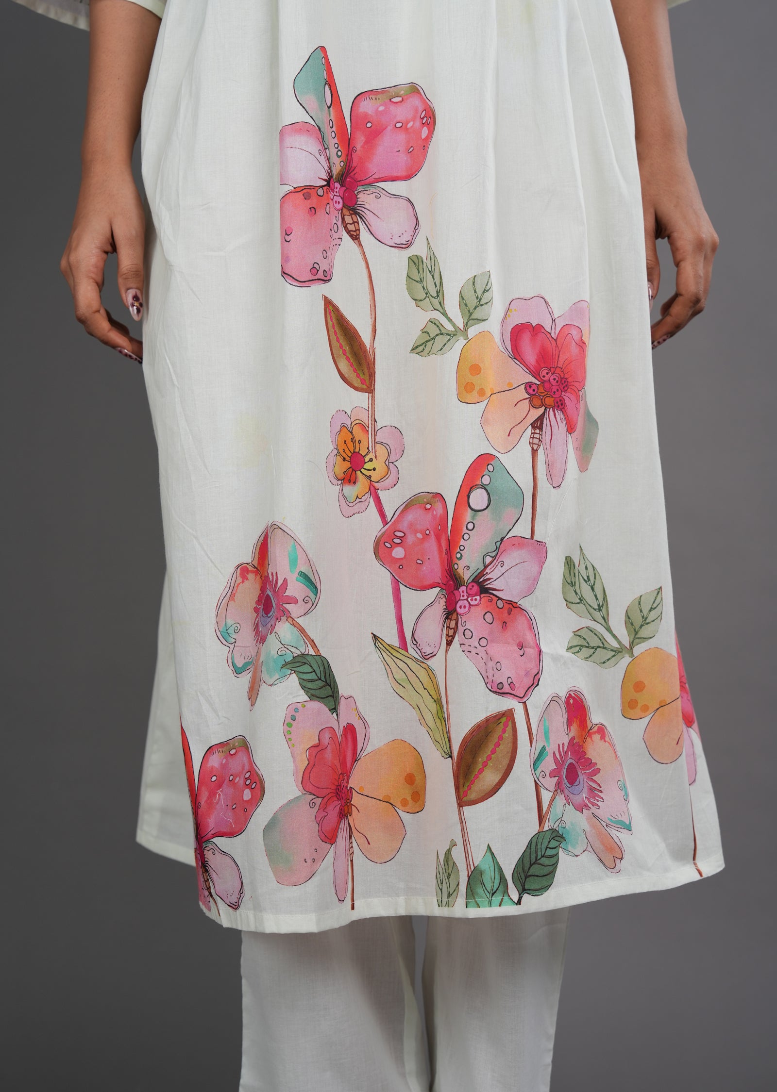 Cream Cotton Straight Cut Kurti Set