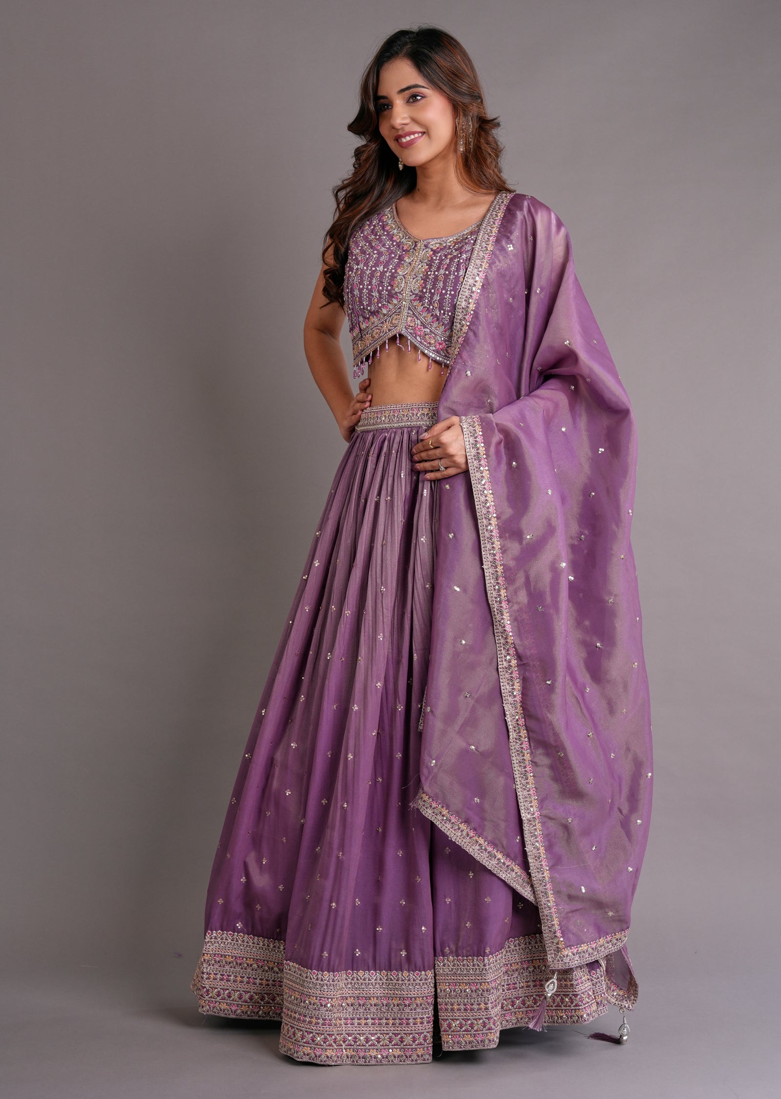 Mauve Tissue Silk Lehenga