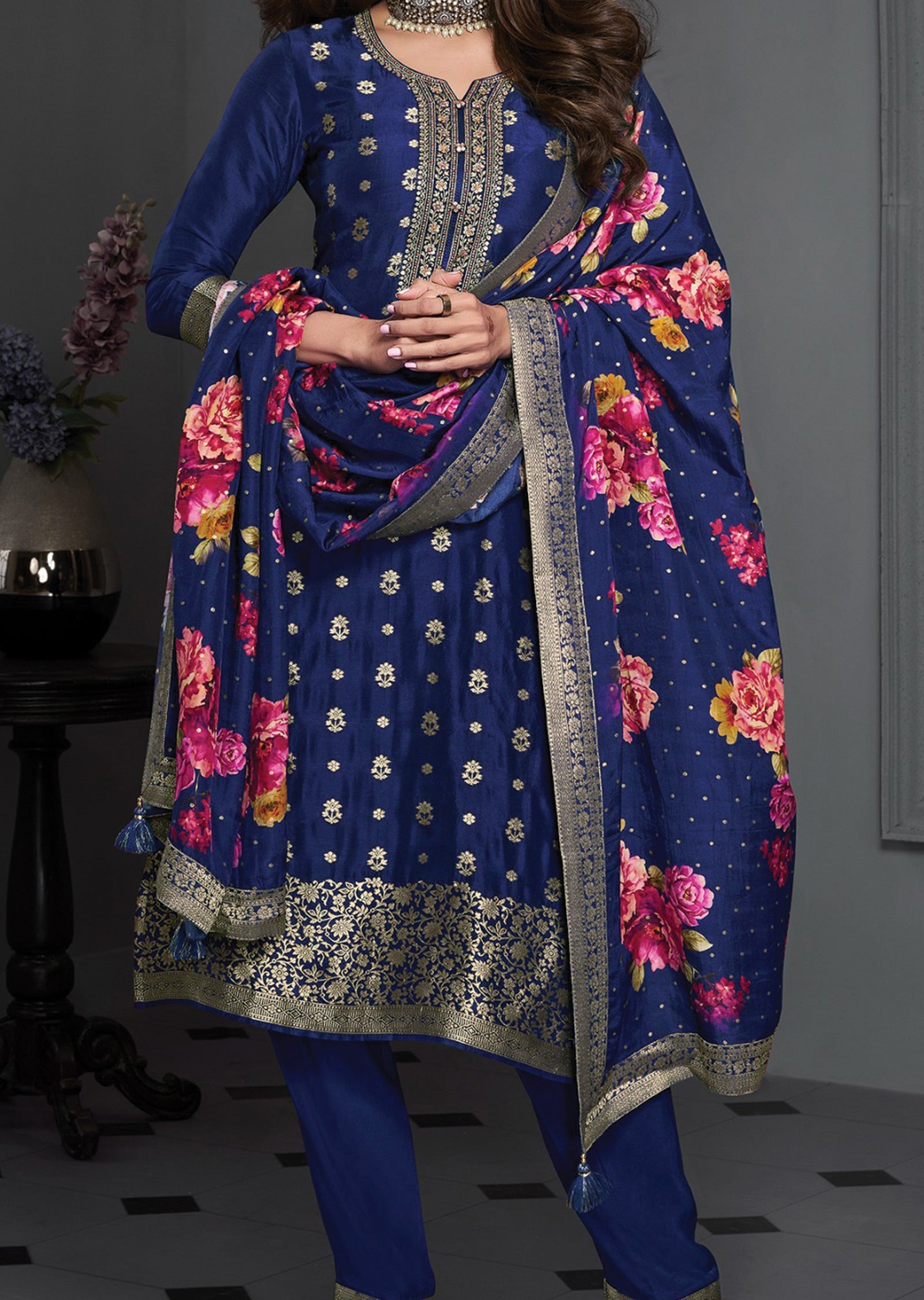 Navy Blue Banarasi Straight Cut Suit