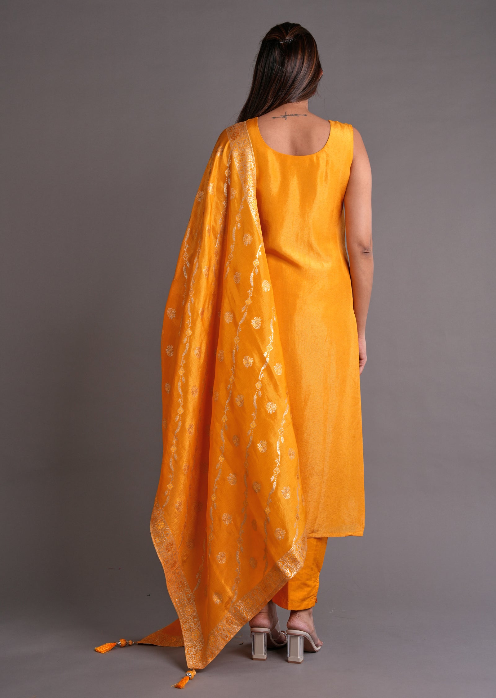 Yellow Tissue Silk Straight Cut Suit