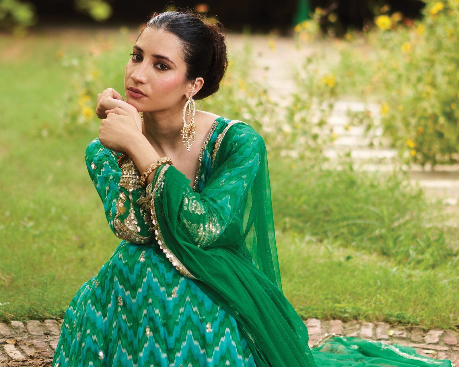Rama Green Chinnon Anarkali Suit